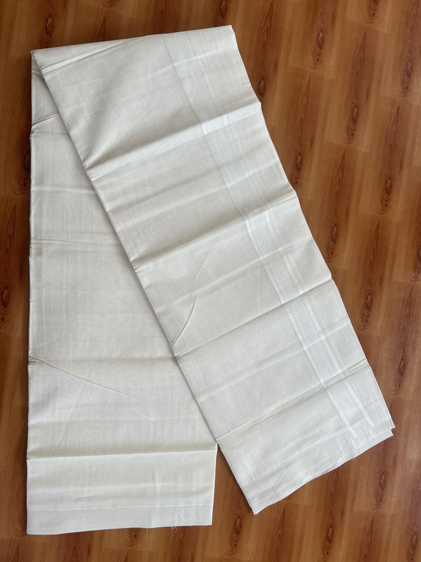 Double Off White  (Unbleached) Mundu/Dhoti- 20% Discount! KaithariKada Balaramapuram Pure Cotton - 100X80 - 1.5 inch White Kara - 4 Mtr (8.5 Muzham) - 50 KK5452 THI