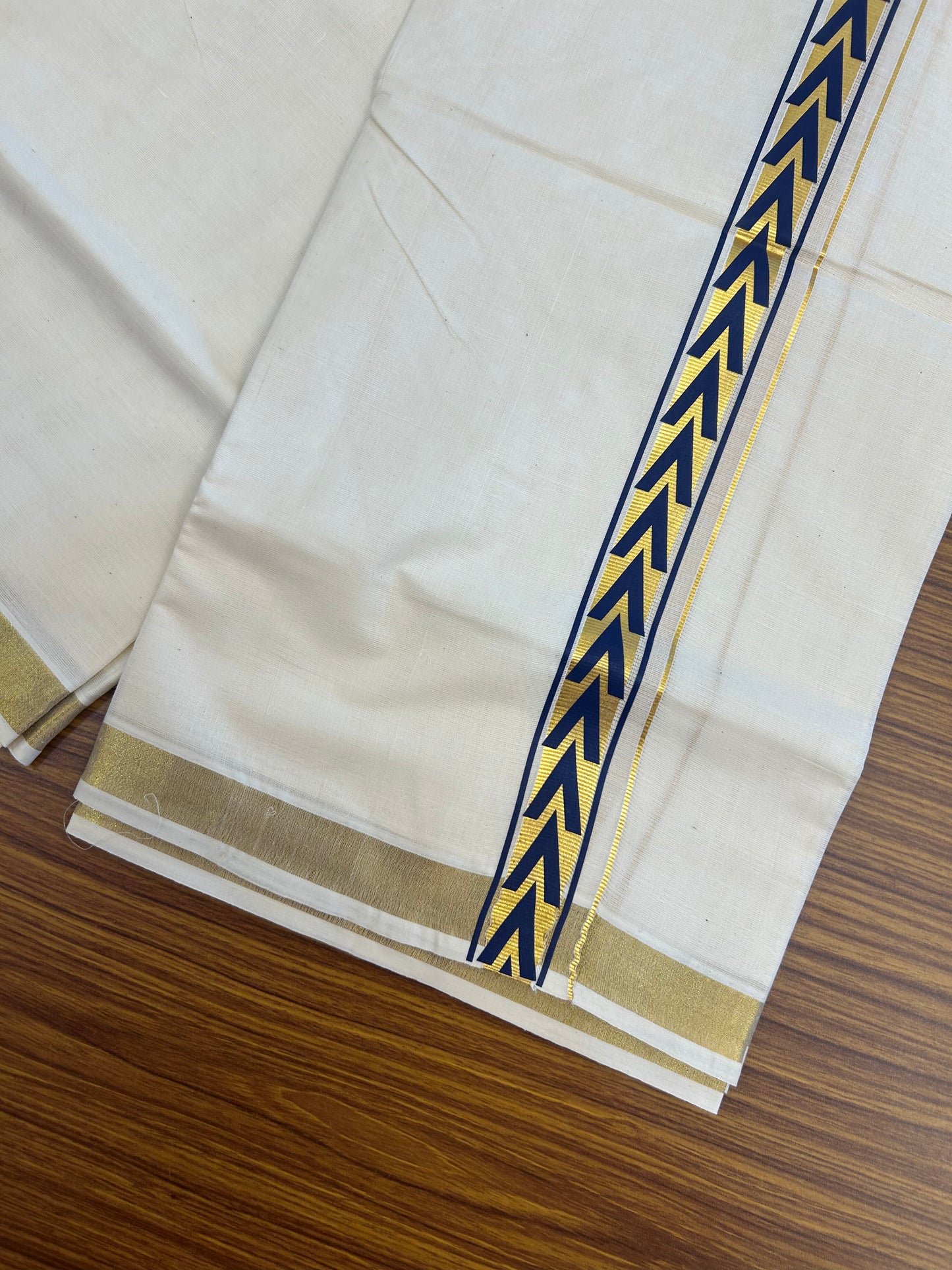 20% Discount!! KaithariKada Balaramapuram 100% Cotton Double Off White - (Unbleached) Mundu/Dhoti - 60x60 - 1 inch Gold Kasav with Dark Blue Arrow Printed Design Kara - 79 KK5362 GAN