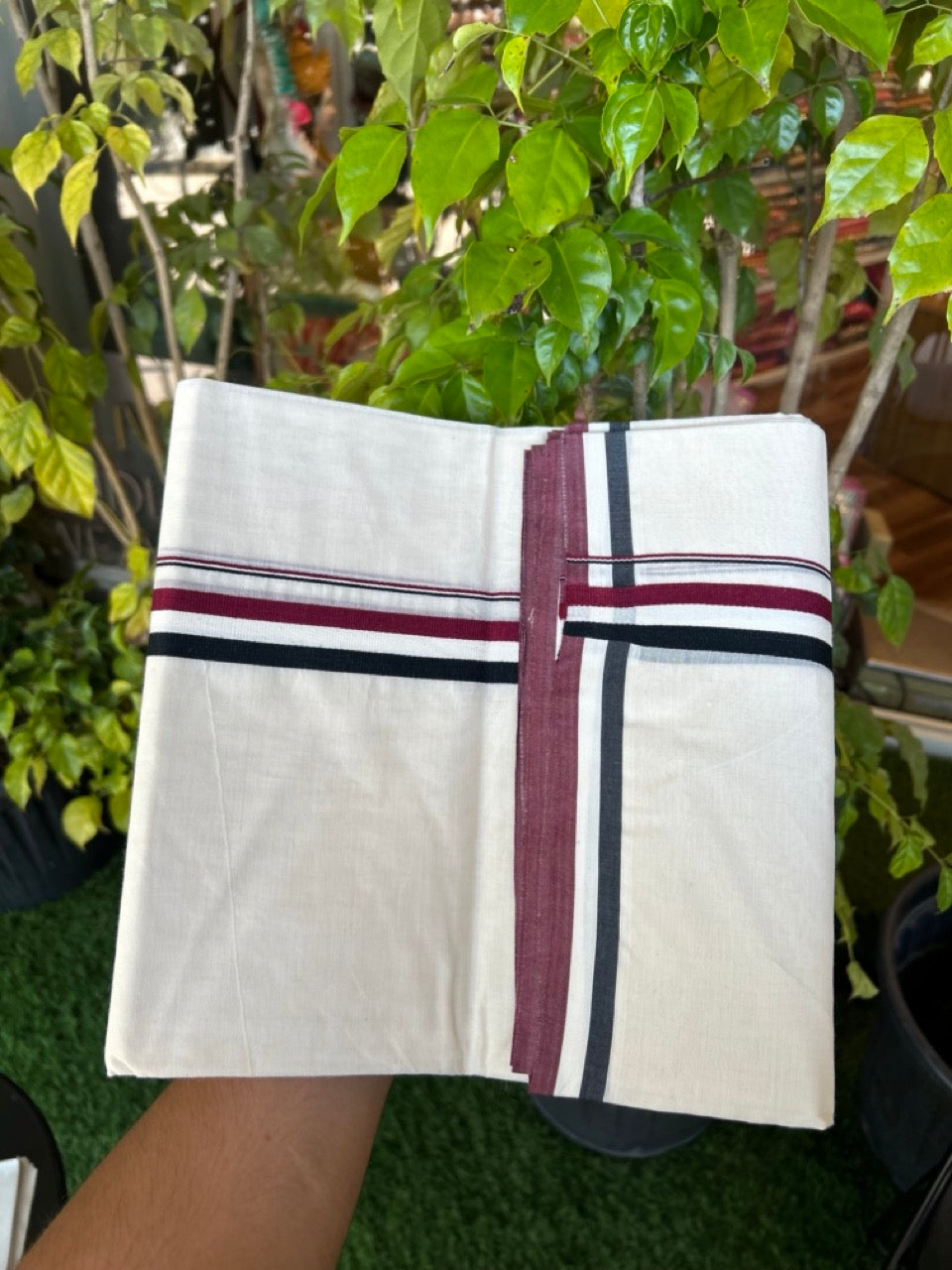 ADMK VESHTI - 20% DISCOUNT! KaithariKada 100% Cotton off white Double - (Unbleached) Mundu/Dhoti - 100X100 - 1 inch Black White & Maroon kara - 7 KK5303 ASH