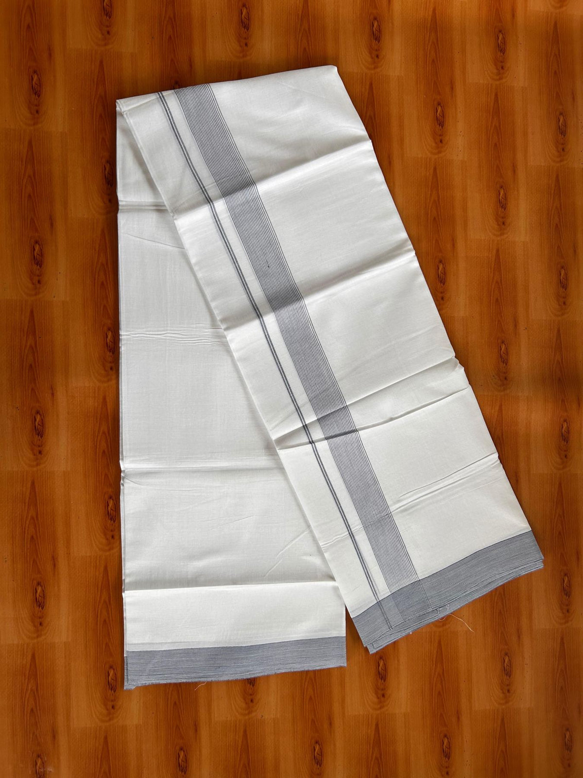 Double Pure White Mundu/Dhoti -20% Discount! KaithariKada 100% Cotton - 100x80 - 1.25 Inch Ash Blue Striped Kara - 3.80 mtr (8 muzham) - 2 KK5519 PMC