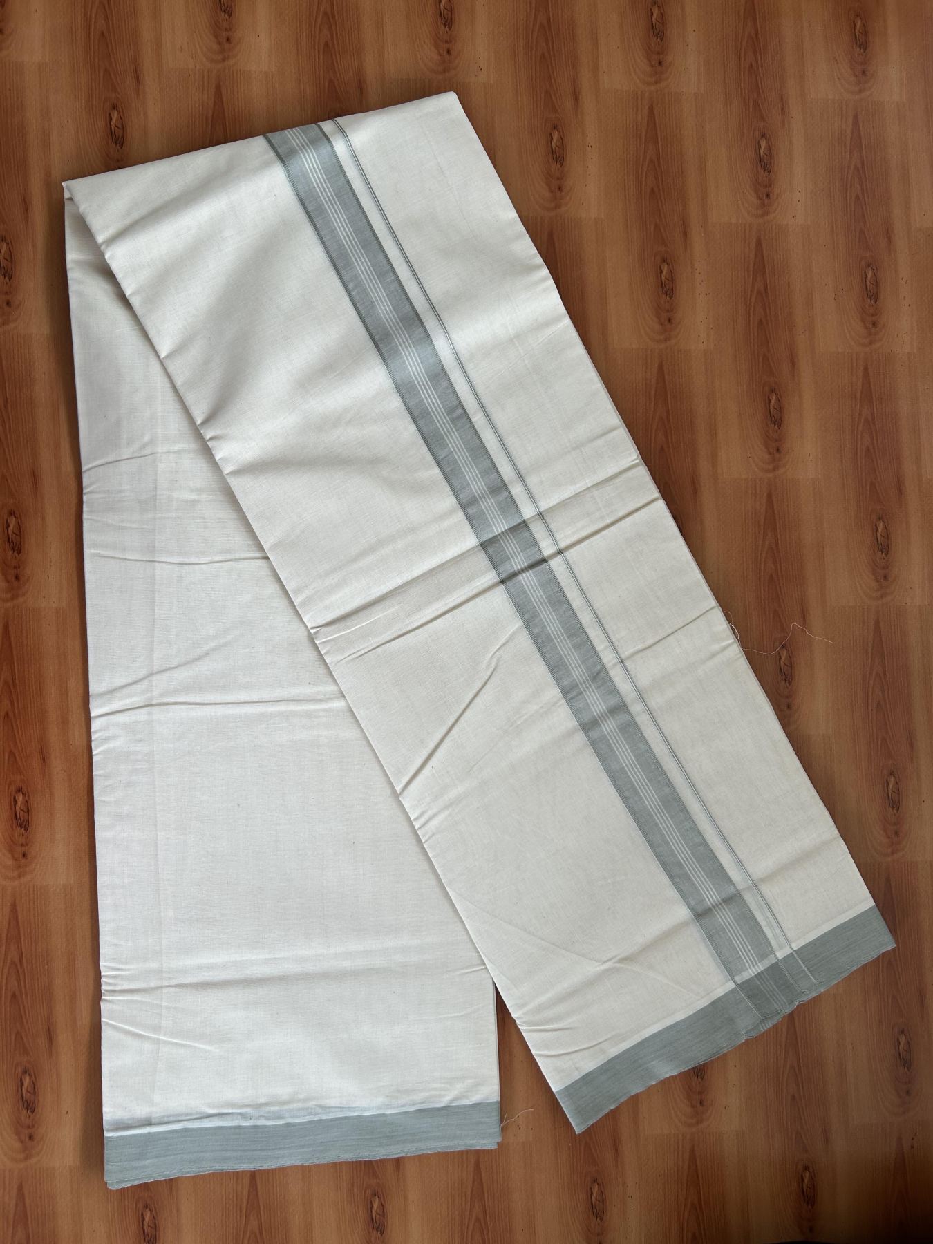 Double Off white (Unbleached) Mundu/Dhoti - 20% Discount KaithariKada Balaramapuram 100% Cotton - 100x100 - 1.25 inch Ash Green Shaded Striped Kara - 32 KK5392 ASH