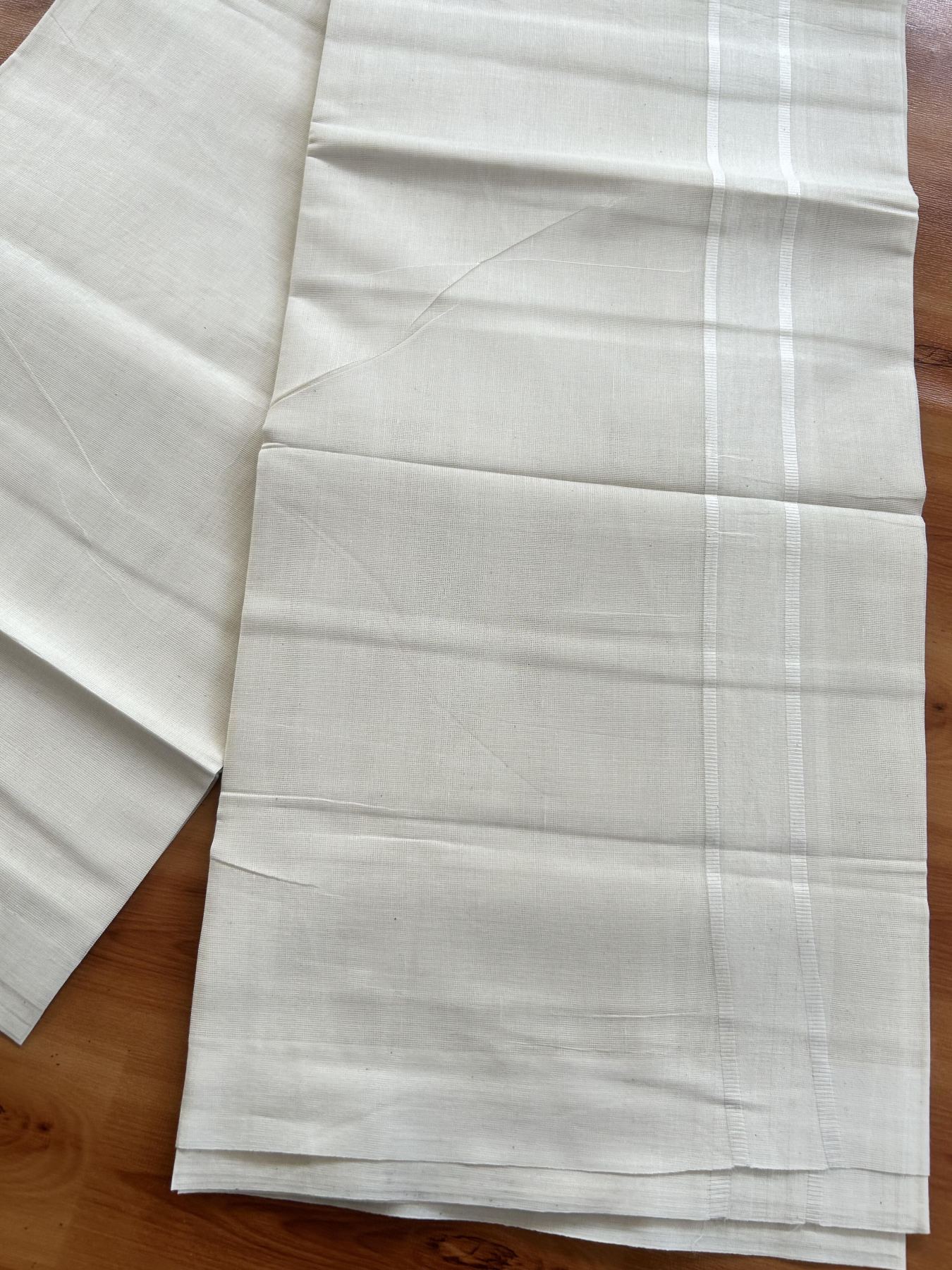Double Off White  (Unbleached) Mundu/Dhoti- 20% Discount! KaithariKada Balaramapuram Pure Cotton - 100X80 - 1.5 inch White Kara - 4 Mtr (8.5 Muzham) - 50 KK5452 THI