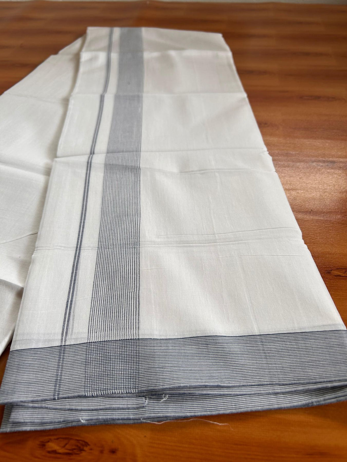 Double Pure White Mundu/Dhoti -20% Discount! KaithariKada 100% Cotton - 100x80 - 1.25 Inch Ash Blue Striped Kara - 3.80 mtr (8 muzham) - 2 KK5519 PMC