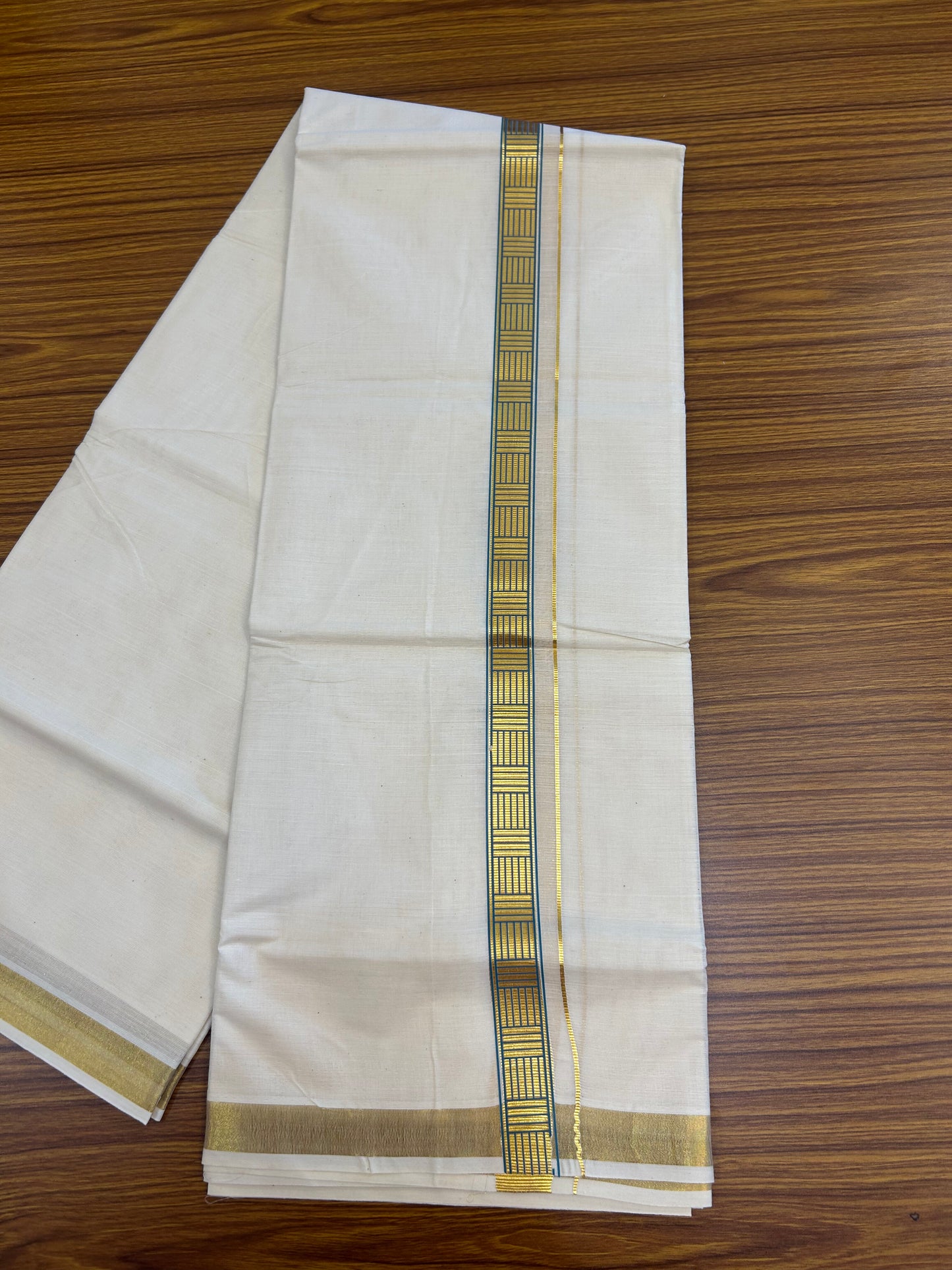 20% Discount!! KaithariKada Balaramapuram 100% Cotton Double Off White - (Unbleached) Mundu/Dhoti (60s) - 1 inch Gold Kasav Peacock Blue Pattern Printed Kara - 60 KK5362 GAN