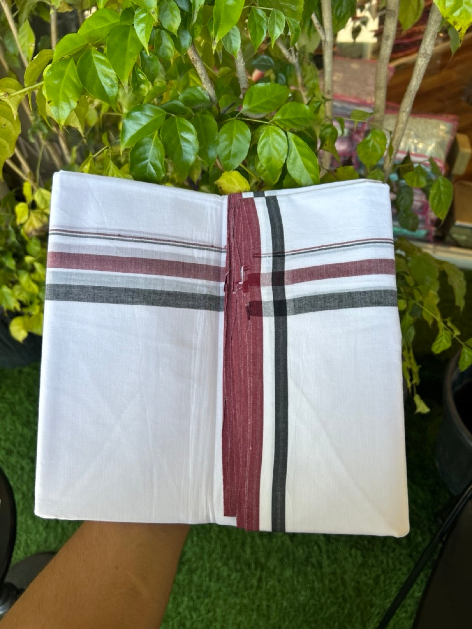 Admk Veshti - 20% Discount! KaithariKada 100% Cotton Pure white Double - (Unbleached) Mundu/Dhoti - 100X100 - 1.5 inch Black White & Maroon Shaded kara - 47 KK5297 ASH