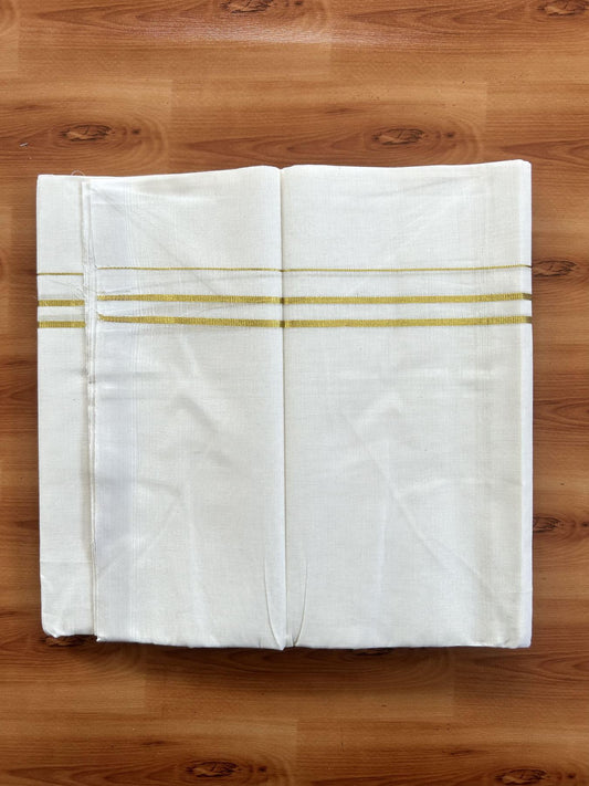 Double Off White (Unbleached) Mundu/Dothi- 20% Discount! Kaitharikada Balaramapuram Pure Cotton - 100x80 - 0.5 inch Gold Kasav Kara 4 mtr (8.5 muzham) -  35 KK5452 THI