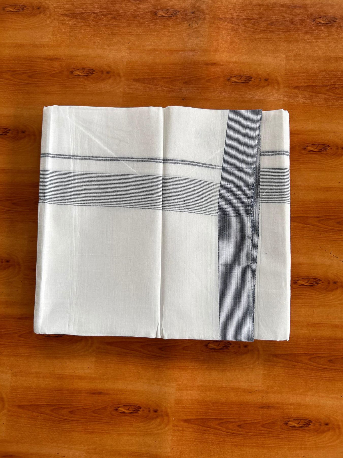 Double Pure White Mundu/Dhoti -20% Discount! KaithariKada 100% Cotton - 100x80 - 1.25 Inch Ash Blue Striped Kara - 3.80 mtr (8 muzham) - 2 KK5519 PMC