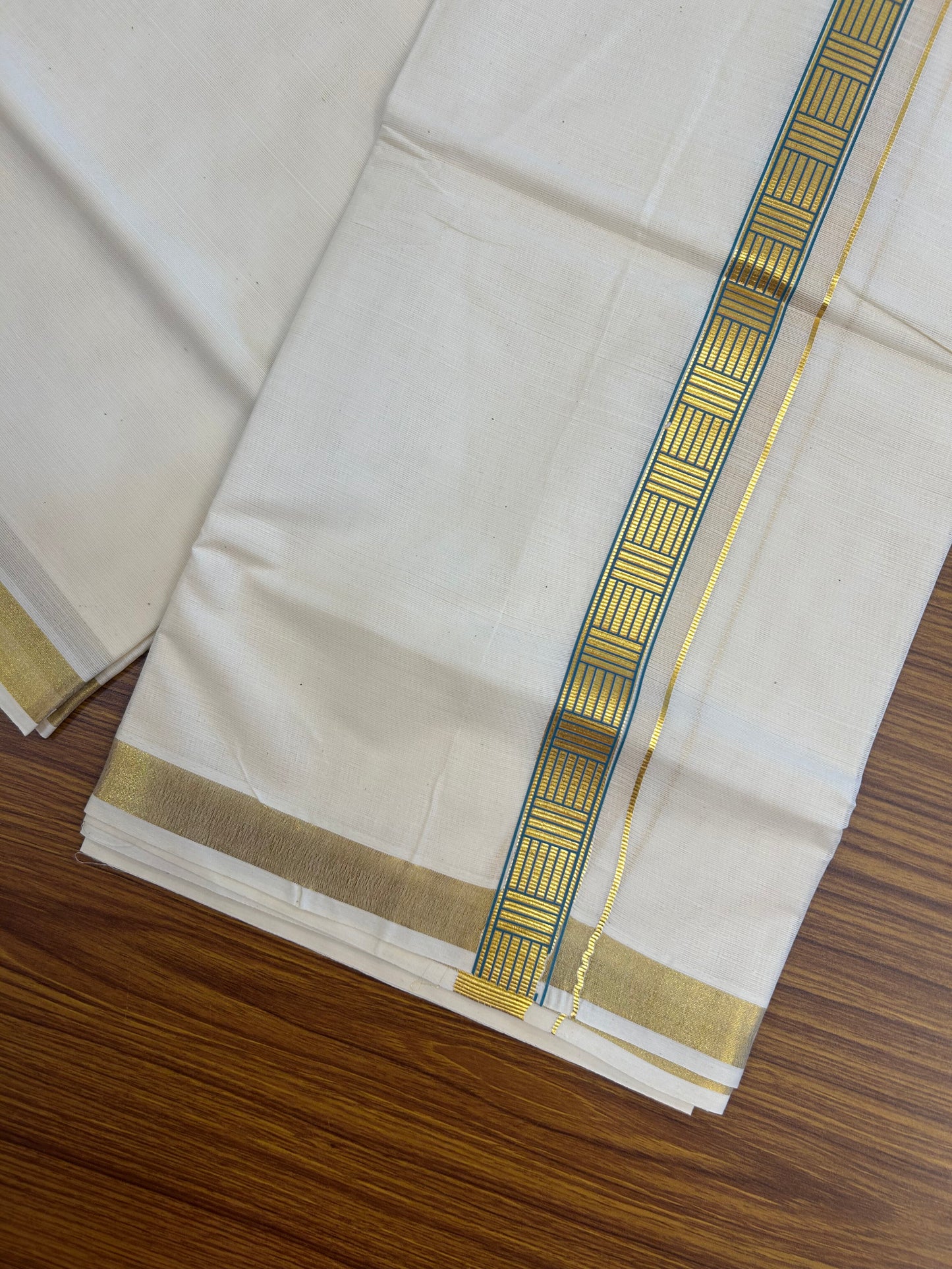 20% Discount!! KaithariKada Balaramapuram 100% Cotton Double Off White - (Unbleached) Mundu/Dhoti (60s) - 1 inch Gold Kasav Peacock Blue Pattern Printed Kara - 60 KK5362 GAN