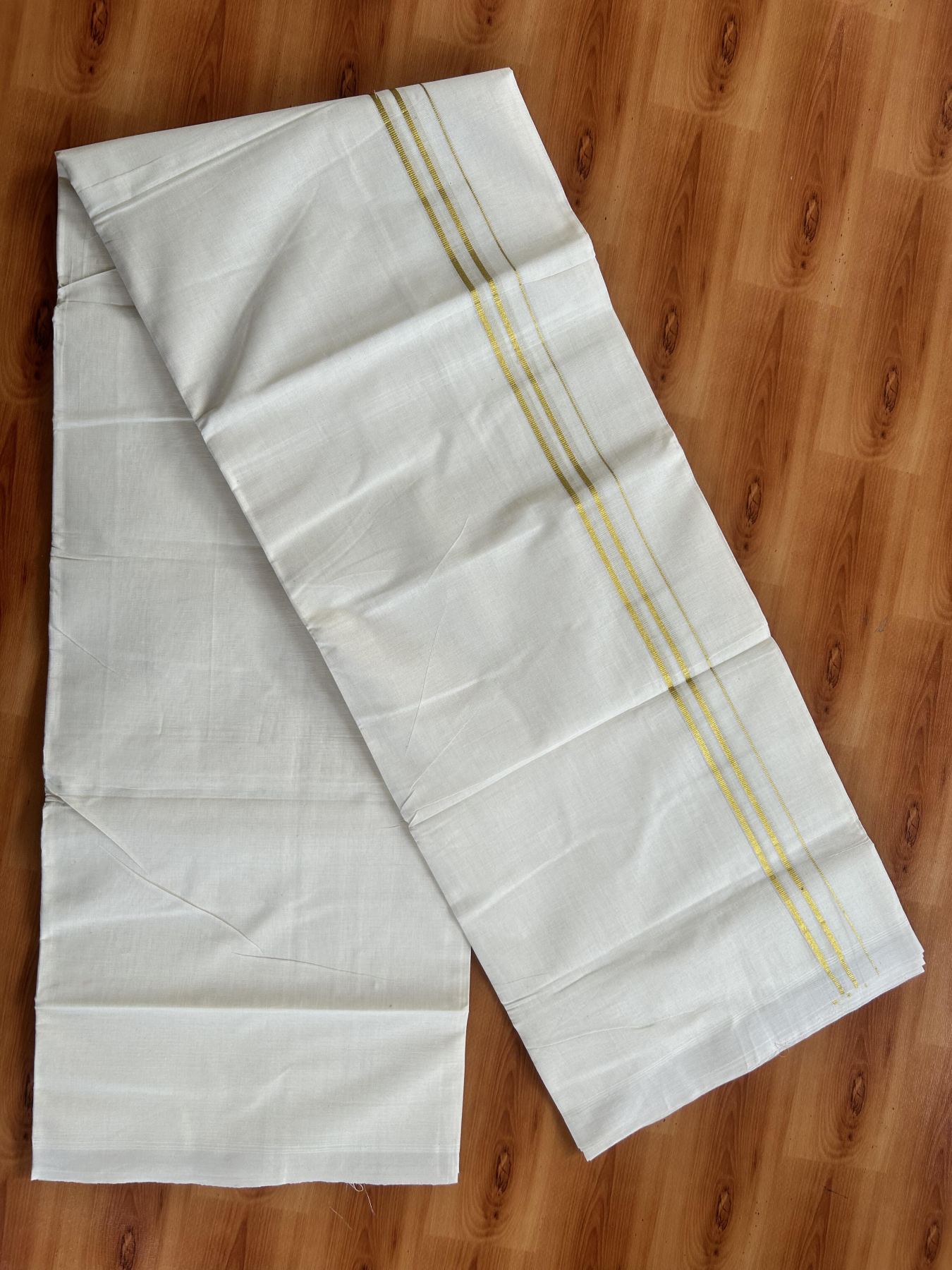Double Off White (Unbleached) Mundu/Dothi- 20% Discount! Kaitharikada Balaramapuram Pure Cotton - 100x80 - 0.5 inch Gold Kasav Kara 4 mtr (8.5 muzham) -  35 KK5452 THI