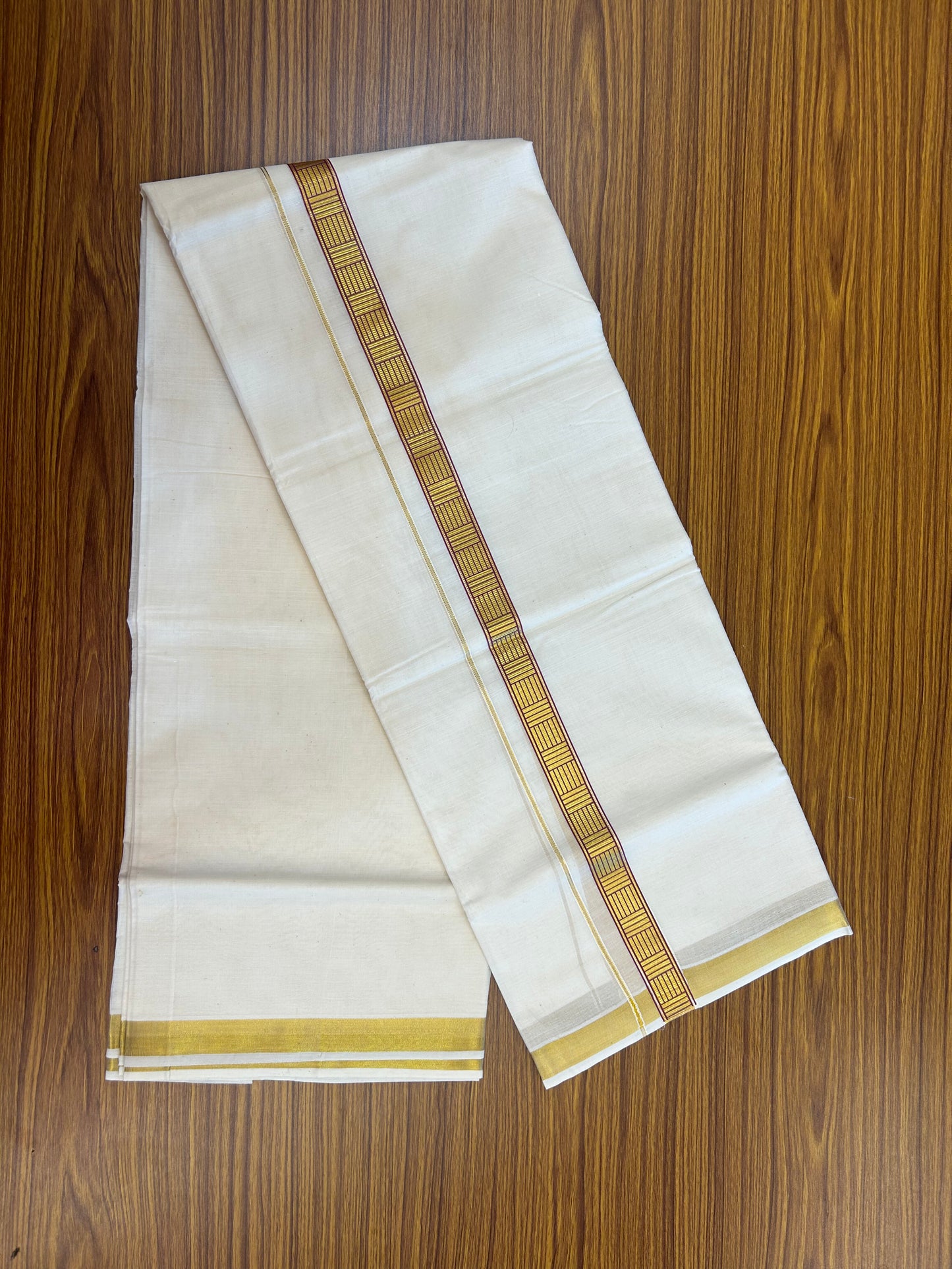 20% Discount!! KaithariKada Balaramapuram 100% Cotton Double Off White - (Unbleached) Mundu/Dhoti (60s) - 1 inch Gold Kasav Magenta Pink Pattern Printed Kara - 84 KK5362 GAN