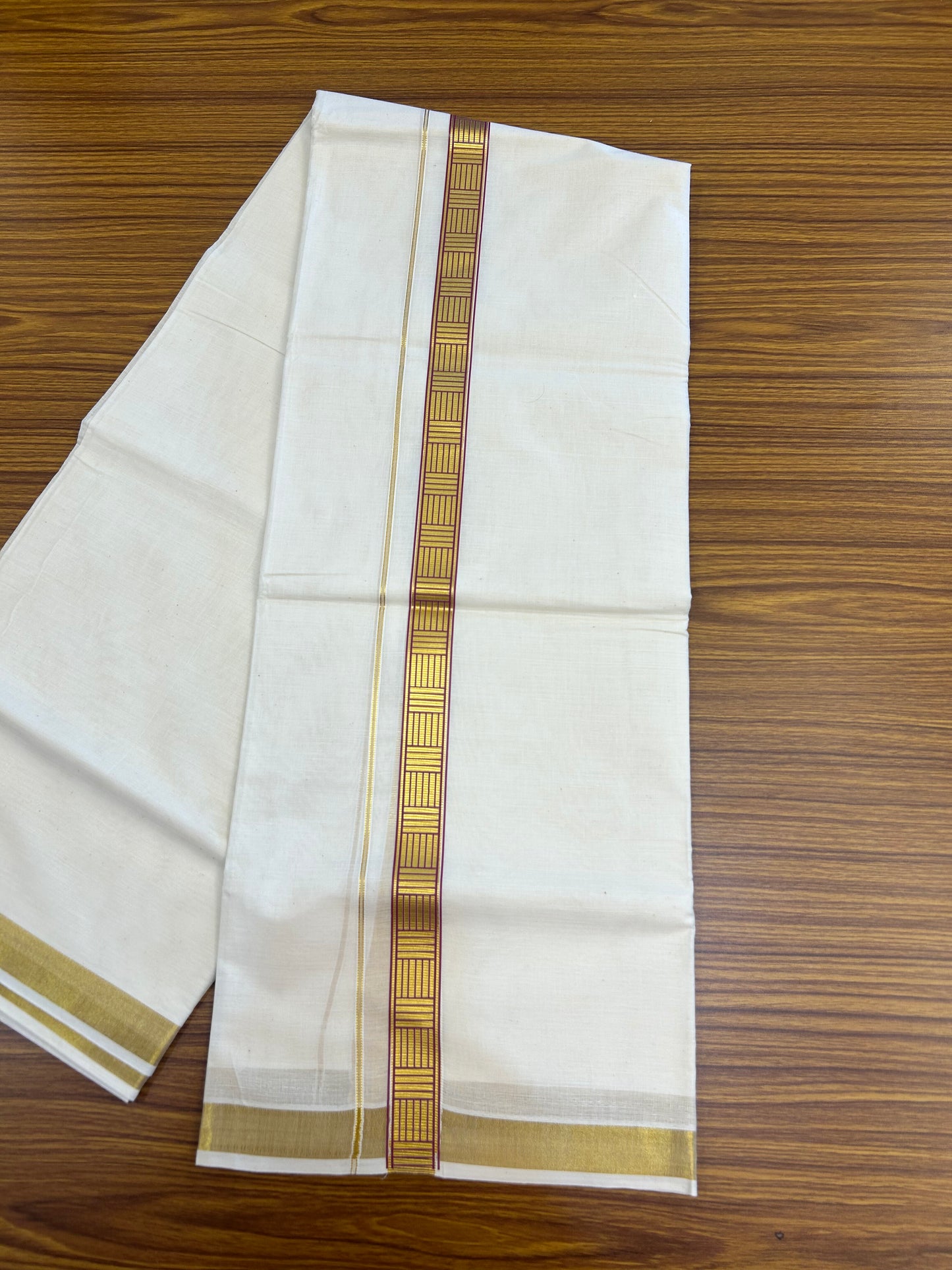 20% Discount!! KaithariKada Balaramapuram 100% Cotton Double Off White - (Unbleached) Mundu/Dhoti (60s) - 1 inch Gold Kasav Magenta Pink Pattern Printed Kara - 84 KK5362 GAN