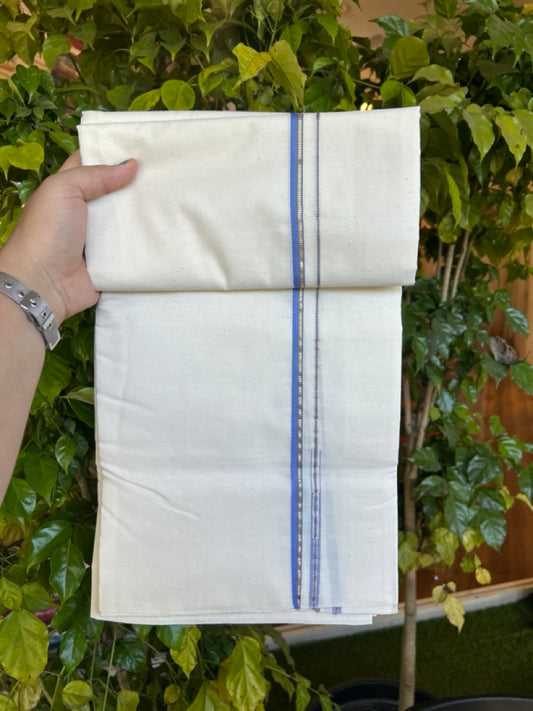 25% Discount!! Signature Kaitharikada Exclusive Single Dhoti - 100% Cotton Balaramapuram Handloom Single Mundu/Dhoti - Off White (Unbleached)- 1 cm Puliyilakkara Lavender & Kasav Chutty Kara (2 meter / 4 muzham) - 3 KK5304KAI