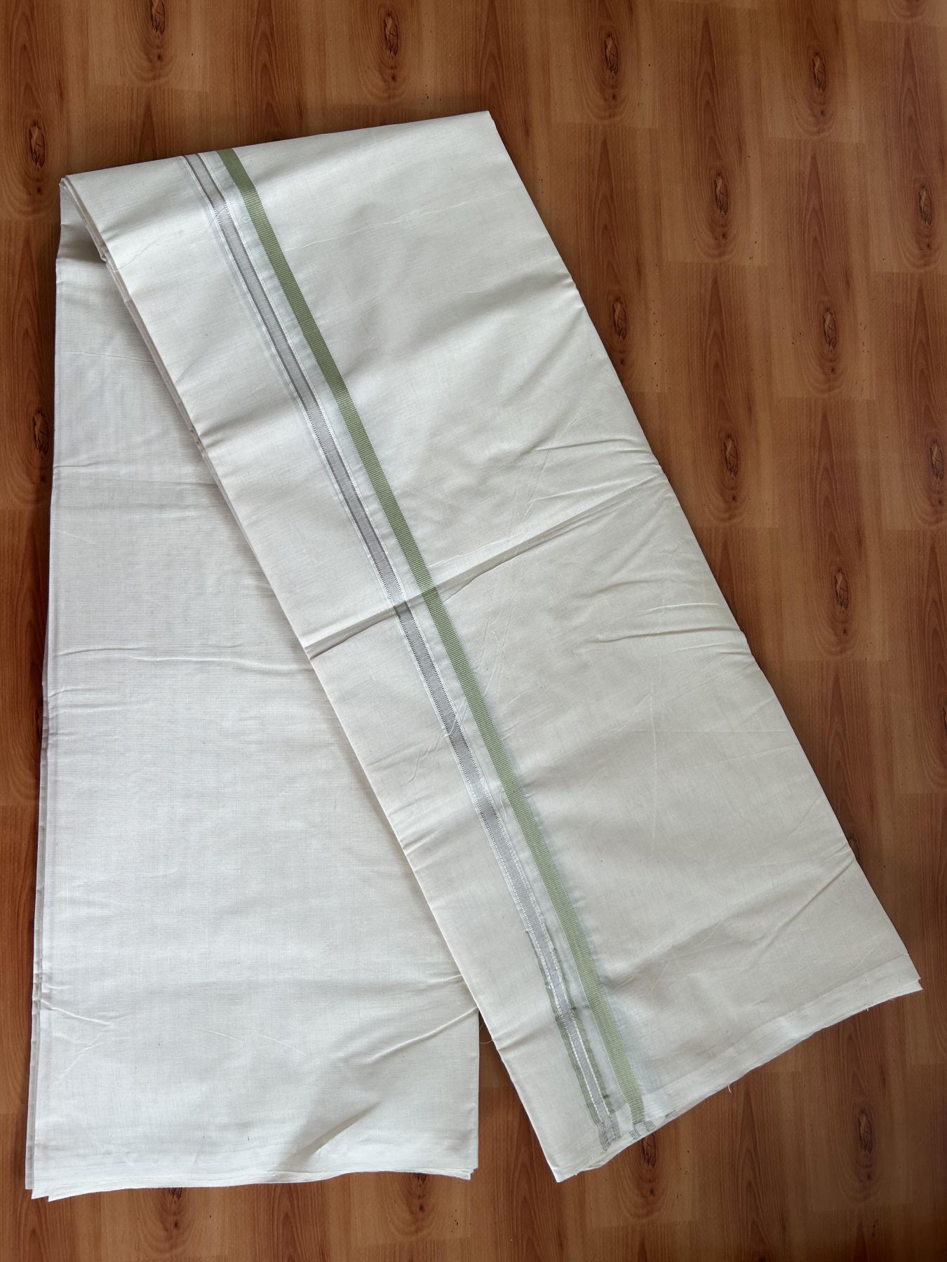Double Off White Double (Unbleached) Mundu/Dhoti- 20% Discount! KaithariKada Balaramapuram 100% Cotton -100x100 - 1 cm Puliyilakkara Silver Kasav & Light Olive Green Chutty Kara -  35 KK5392 ASH