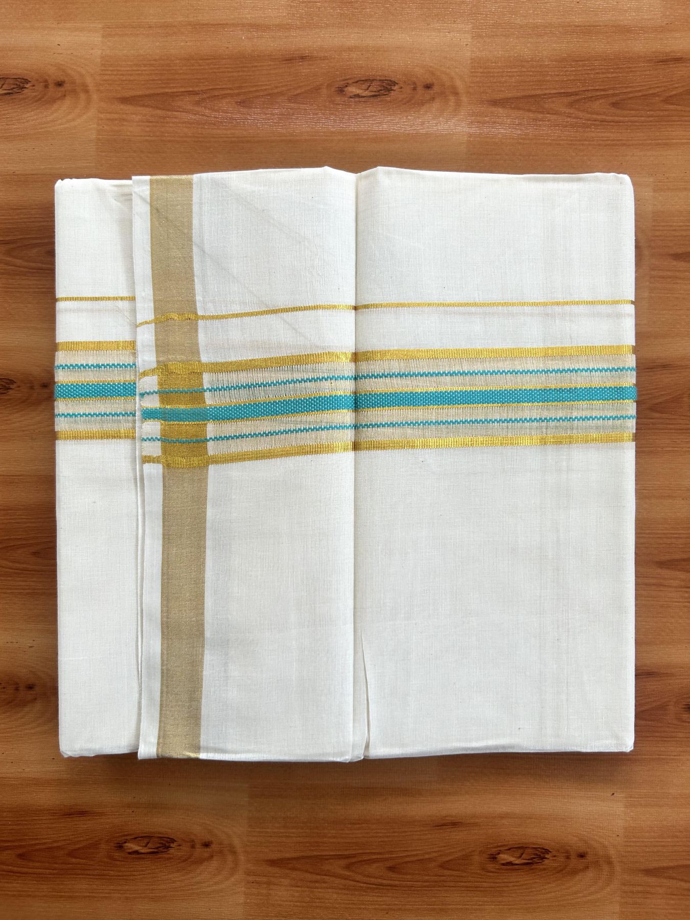 Double Off White (Unbleached) Mundu/Dothi- 20% Discount! Kaitharikada Balaramapuram Pure Cotton - 100x80 - 1.5 inch Gold Kasav & Turquoise Center Tissue Striped Kara 4 mtr (8.5 muzham) -  41 KK5452 THI