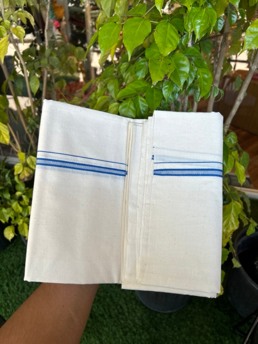 25% Discount!! Signature Kaitharikada Exclusive Single Dhoti - 100% Cotton Balaramapuram Handloom Single Mundu/Dhoti - Off White (Unbleached)- 1 cm Blue Striped Kara (2 meter / 4 muzham) - 1 KK5304KAI