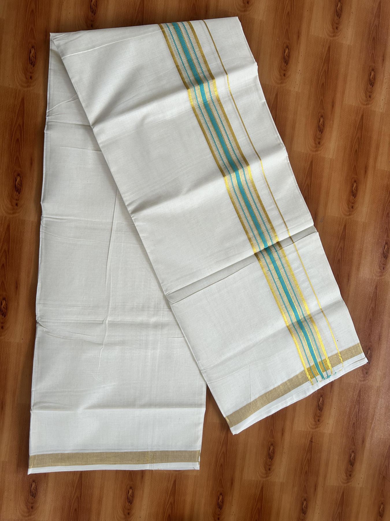 Double Off White (Unbleached) Mundu/Dothi- 20% Discount! Kaitharikada Balaramapuram Pure Cotton - 100x80 - 1.5 inch Gold Kasav & Turquoise Center Tissue Striped Kara 4 mtr (8.5 muzham) -  41 KK5452 THI