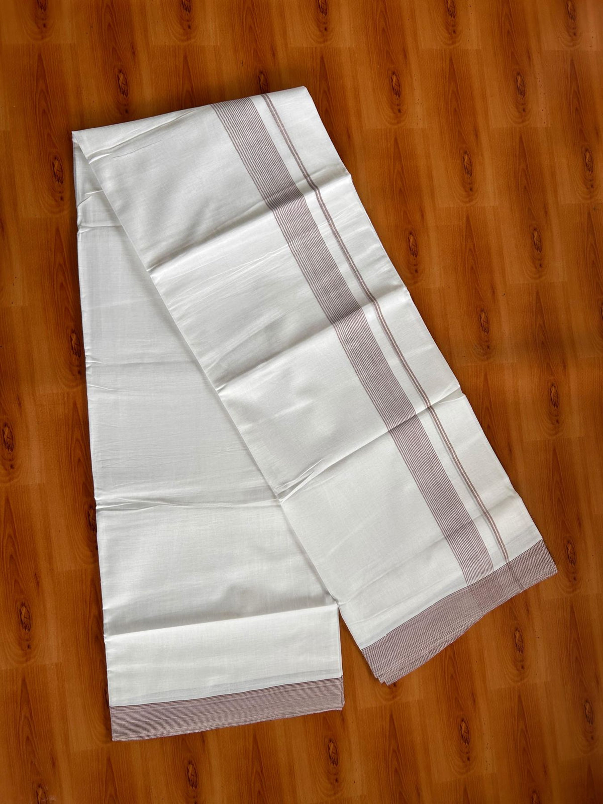 Double Pure White Mundu/Dhoti -20% Discount! KaithariKada 100% Cotton - 100x80 - 1.5 Inch Brown Striped Kara - 3.80 mtr (8 muzham) - 3 KK5519 PMC