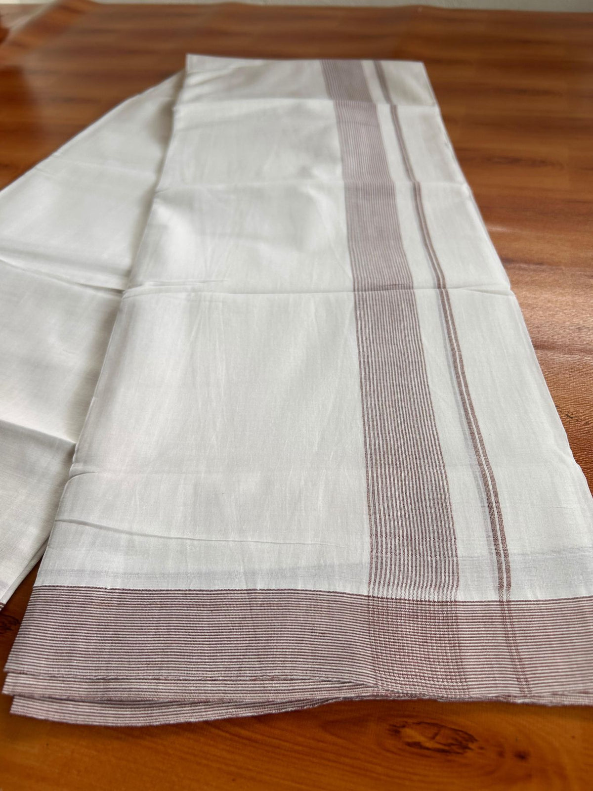 Double Pure White Mundu/Dhoti -20% Discount! KaithariKada 100% Cotton - 100x80 - 1.5 Inch Brown Striped Kara - 3.80 mtr (8 muzham) - 3 KK5519 PMC