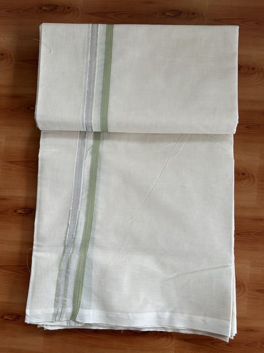Double Off White Double (Unbleached) Mundu/Dhoti- 20% Discount! KaithariKada Balaramapuram 100% Cotton -100x100 - 1 cm Puliyilakkara Silver Kasav & Light Olive Green Chutty Kara -  35 KK5392 ASH
