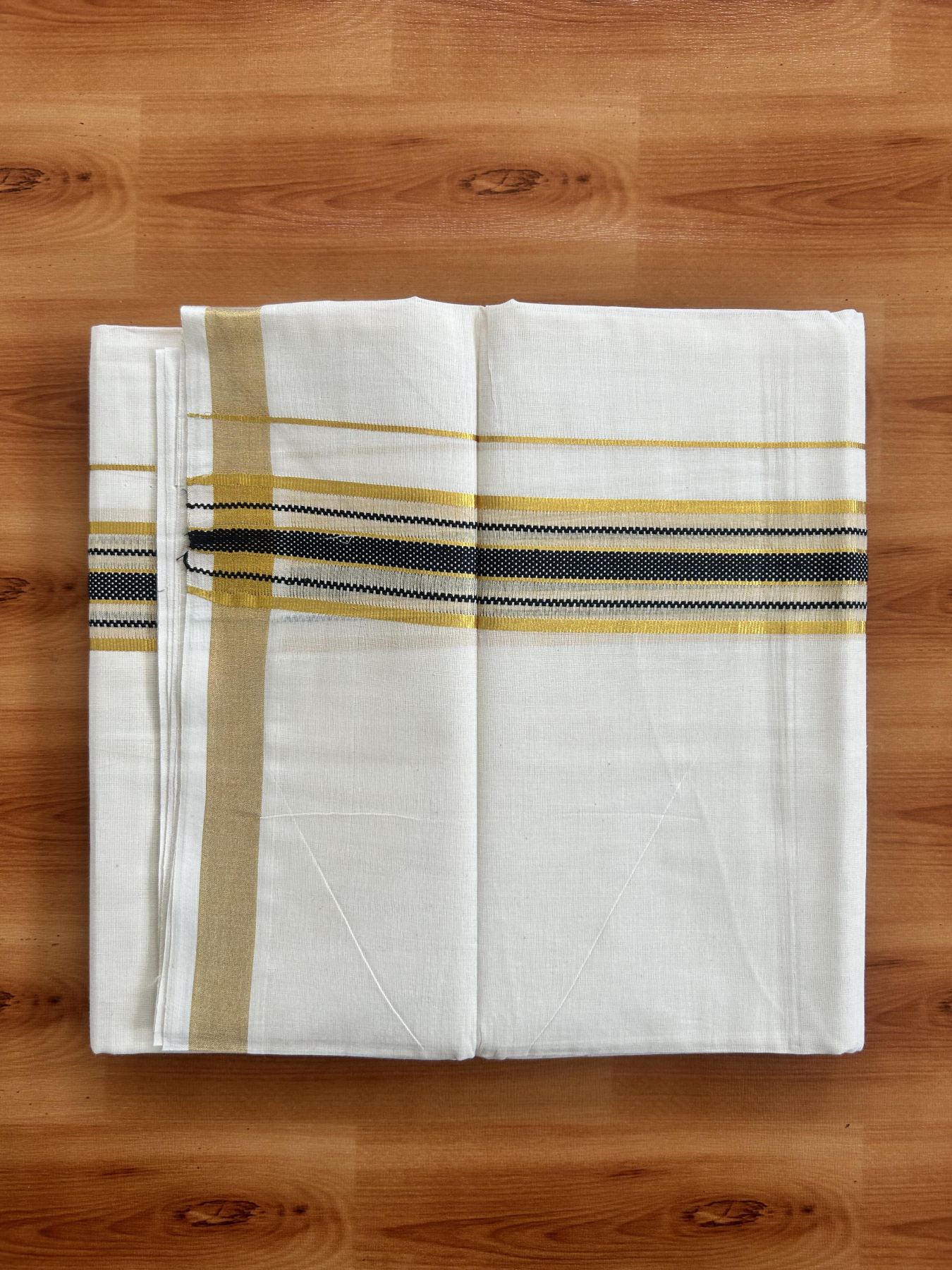 Double Off White (Unbleached) Mundu/Dothi- 20% Discount! Kaitharikada Balaramapuram Pure Cotton - 100x80 - 1.5 inch Gold Kasav & Navy Blue Center Tissue Striped Kara 4 mtr (8.5 muzham) - 46 KK5452 THI