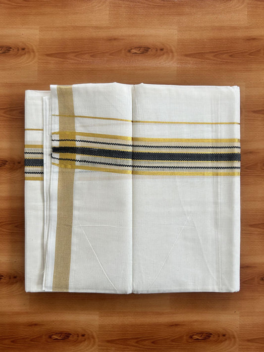 Double Off White (Unbleached) Mundu/Dothi- 20% Discount! Kaitharikada Balaramapuram Pure Cotton - 100x80 - 1.5 inch Gold Kasav & Navy Blue Center Tissue Striped Kara 4 mtr (8.5 muzham) - 46 KK5452 THI