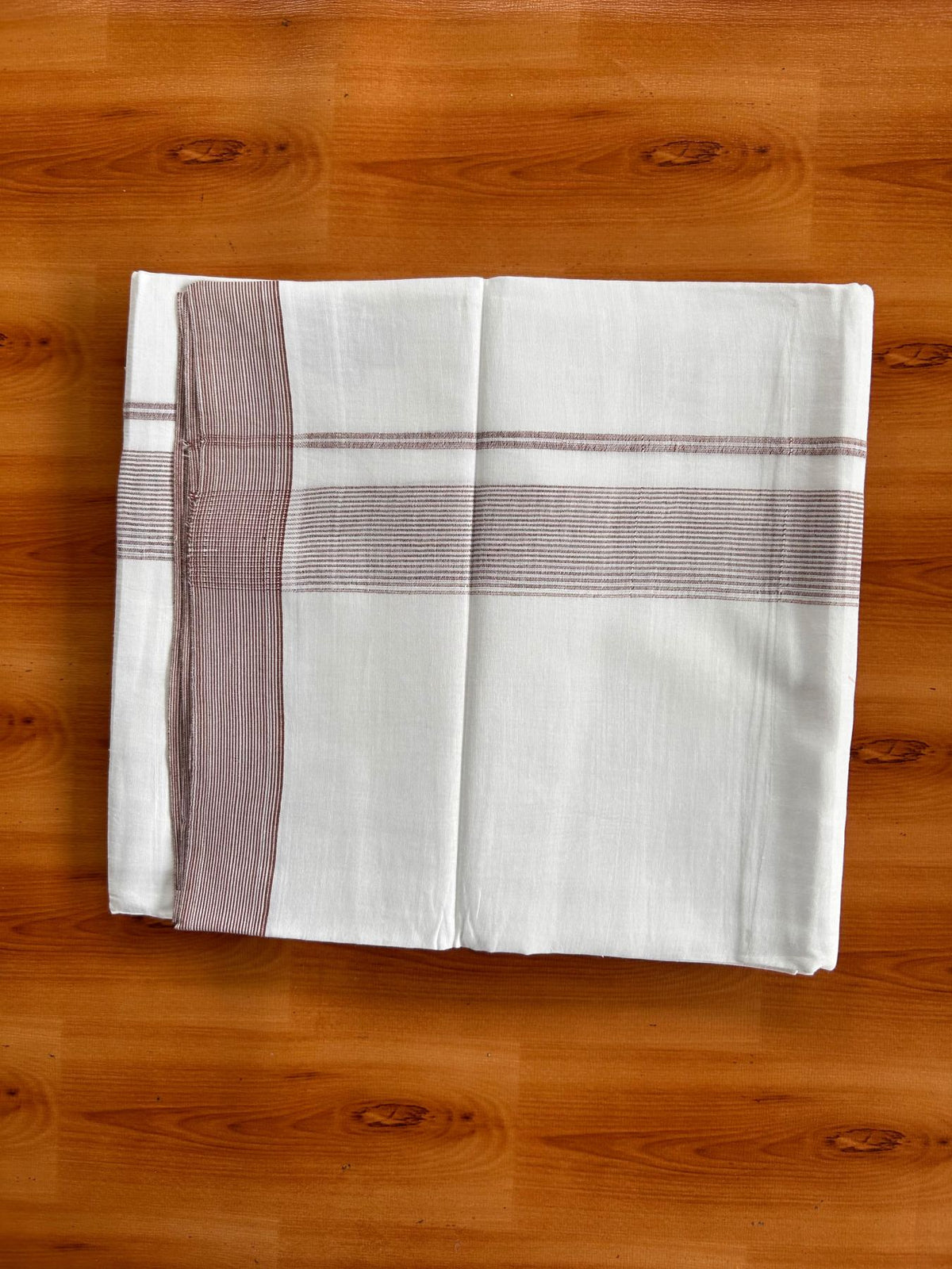 Double Pure White Mundu/Dhoti -20% Discount! KaithariKada 100% Cotton - 100x80 - 1.5 Inch Brown Striped Kara - 3.80 mtr (8 muzham) - 3 KK5519 PMC