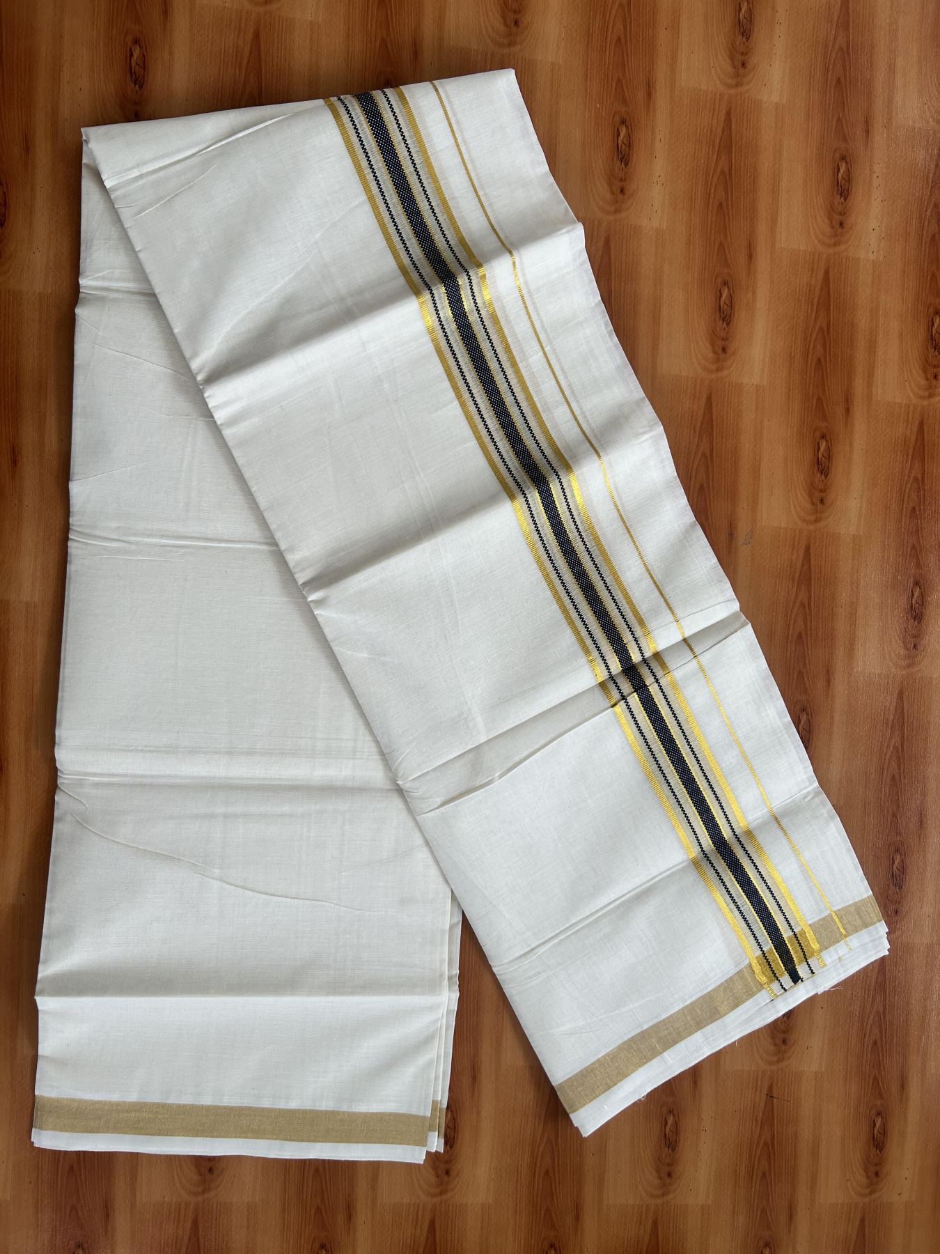 Double Off White (Unbleached) Mundu/Dothi- 20% Discount! Kaitharikada Balaramapuram Pure Cotton - 100x80 - 1.5 inch Gold Kasav & Navy Blue Center Tissue Striped Kara 4 mtr (8.5 muzham) - 46 KK5452 THI