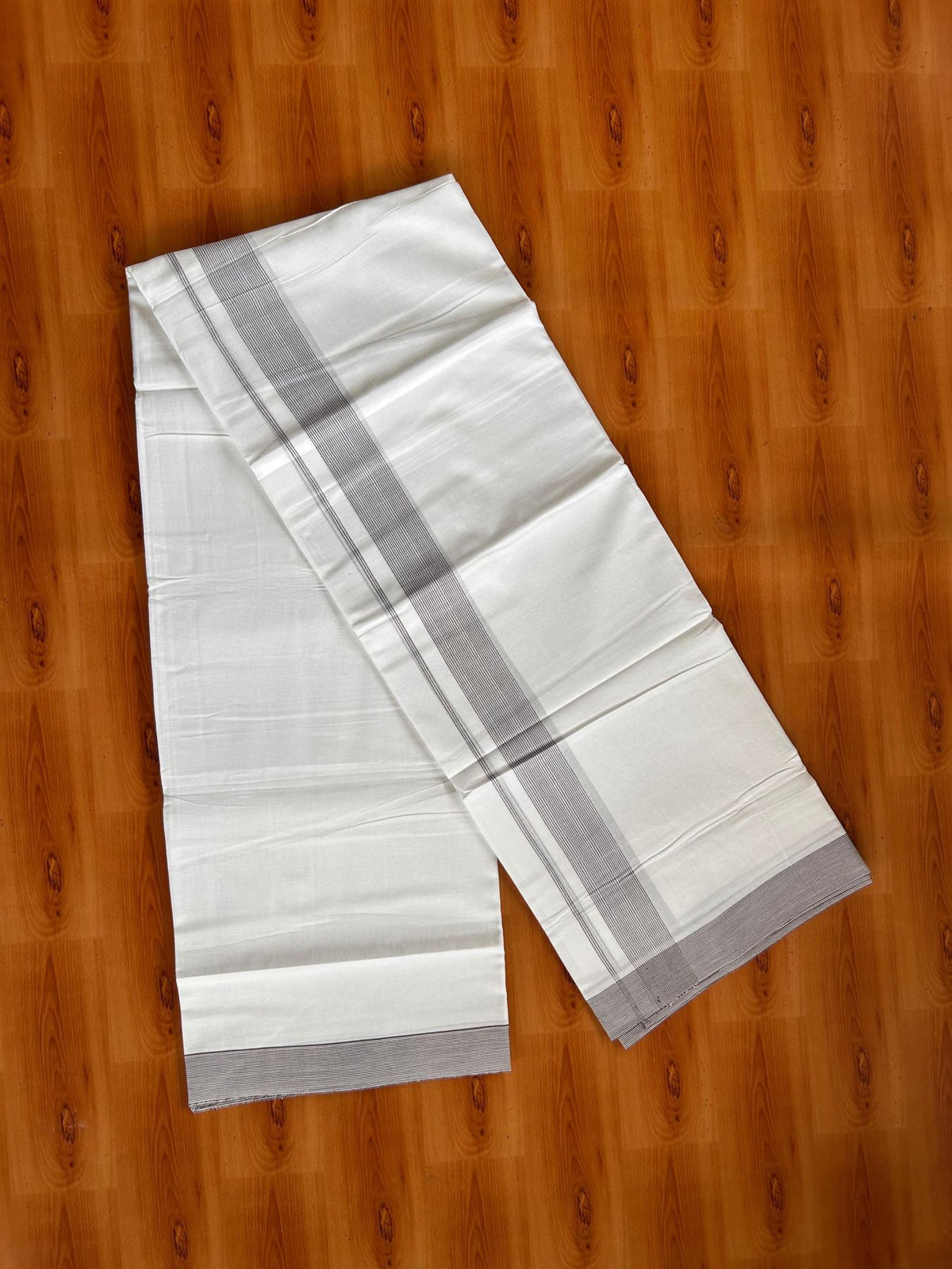 Double Pure White Mundu/Dhoti -20% Discount! KaithariKada 100% Cotton - 100x80 - 1.25 Inch Dark Brown Striped Kara - 3.80 mtr (8 muzham) - 4 KK5519 PMC