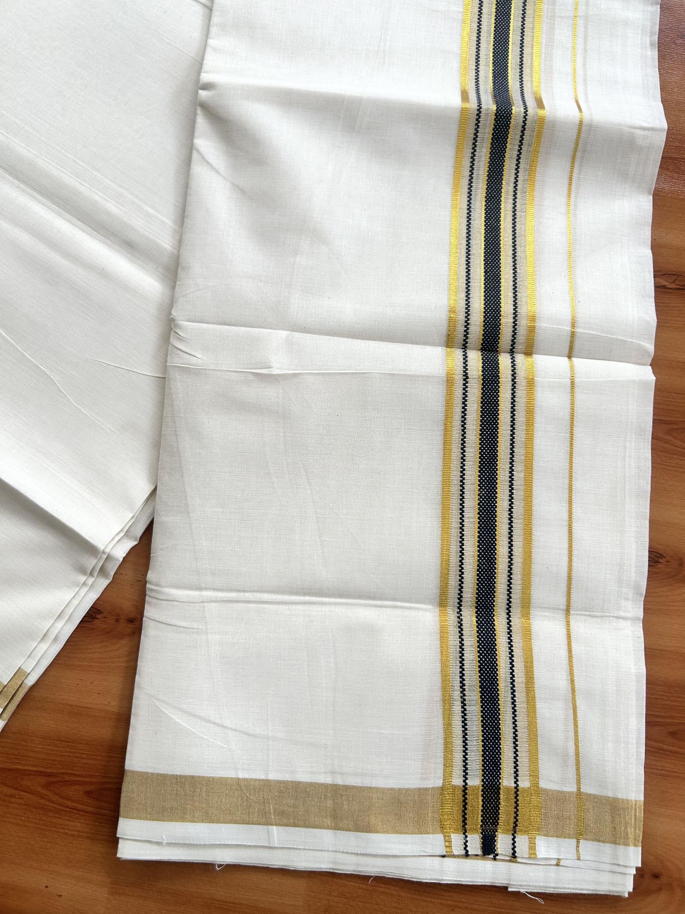 Double Off White (Unbleached) Mundu/Dothi- 20% Discount! Kaitharikada Balaramapuram Pure Cotton - 100x80 - 1.5 inch Gold Kasav & Navy Blue Center Tissue Striped Kara 4 mtr (8.5 muzham) - 46 KK5452 THI
