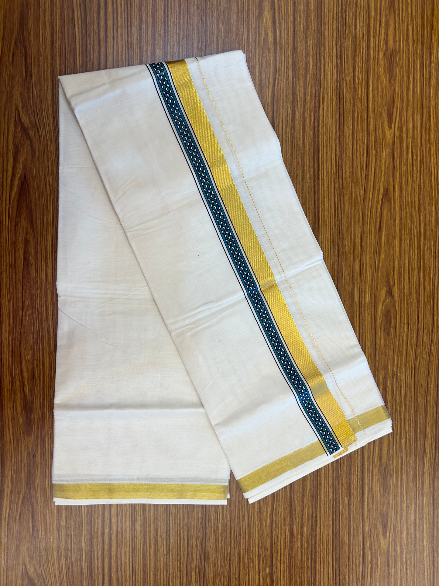 20% Discount!! KaithariKada Balaramapuram 100% Cotton Double Off White - (Unbleached) Mundu/Dhoti (60s) - 2 inch Gold Kasav Peacock Green & Black Triangle Printed Design Kara - 57 KK5362 GAN