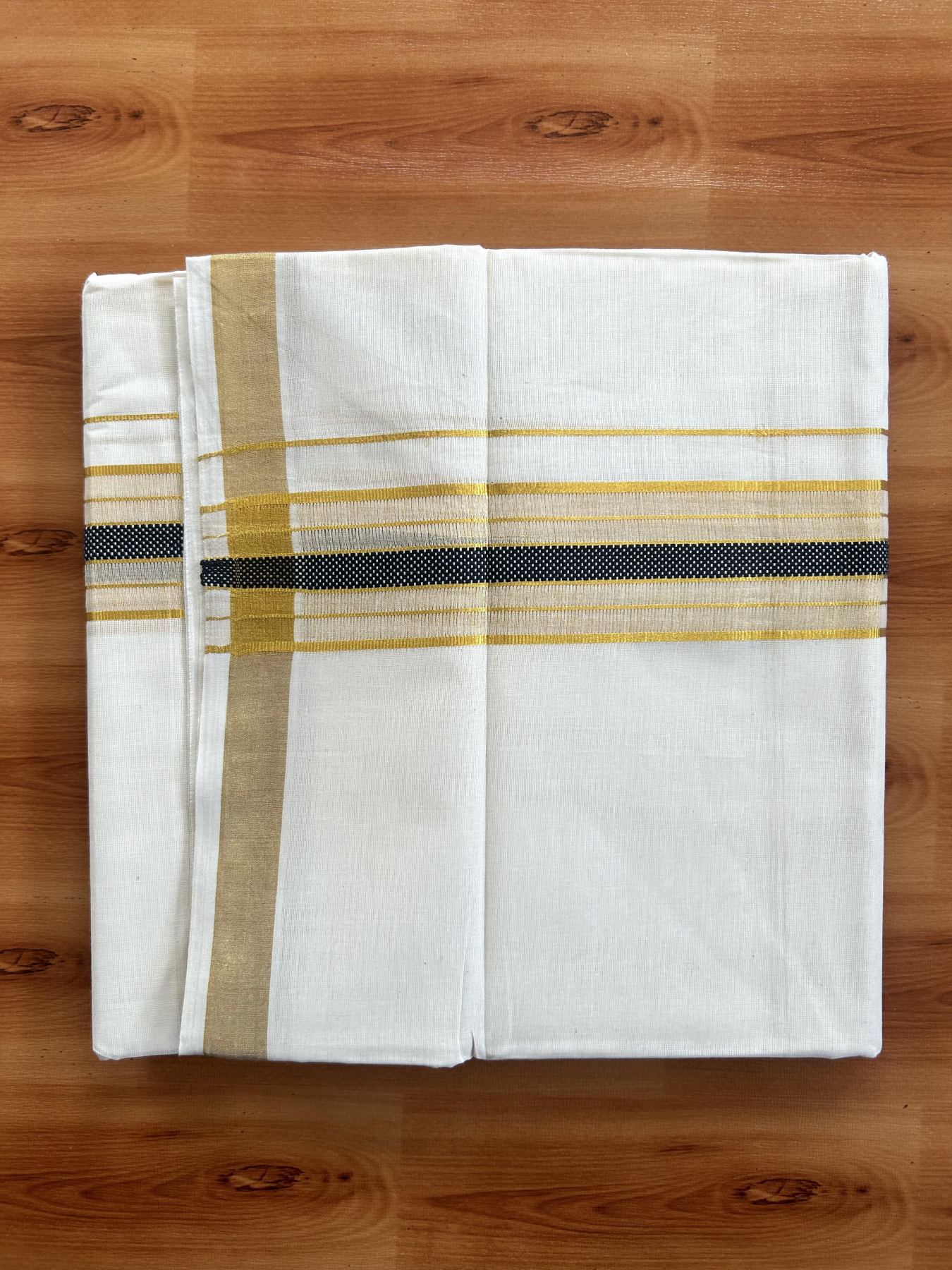 Double Off White (Unbleached) Mundu/Dothi- 20% Discount! Kaitharikada Balaramapuram Pure Cotton - 100x80 - 1.5 inch Gold Kasav & Navy Blue Center Tissue Striped Kara 4 mtr (8.5 muzham) - 47 KK5452 THI