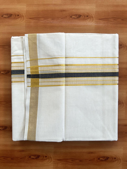 Double Off White (Unbleached) Mundu/Dothi- 20% Discount! Kaitharikada Balaramapuram Pure Cotton - 100x80 - 1.5 inch Gold Kasav & Navy Blue Center Tissue Striped Kara 4 mtr (8.5 muzham) - 47 KK5452 THI