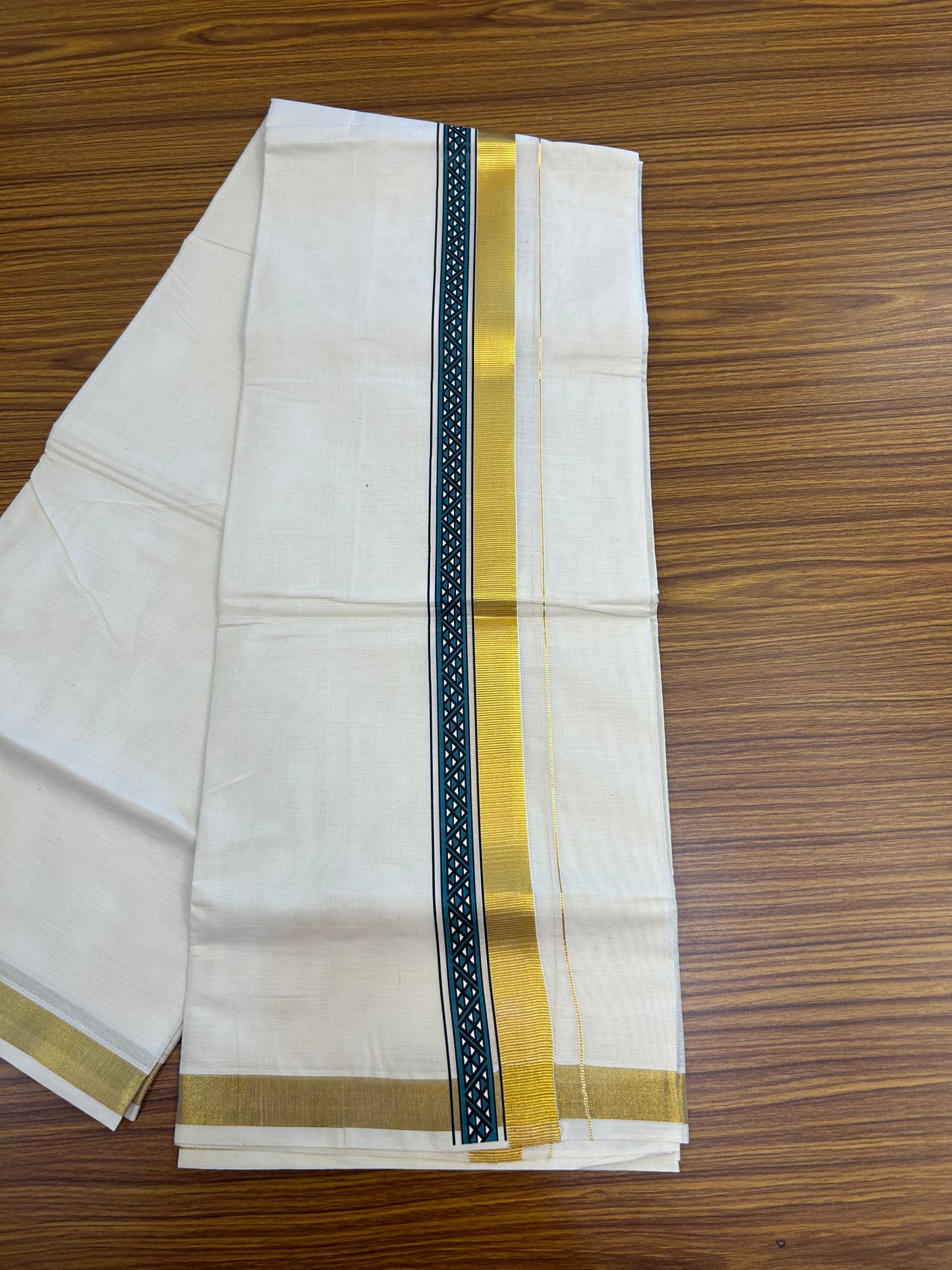 20% Discount!! KaithariKada Balaramapuram 100% Cotton Double Off White - (Unbleached) Mundu/Dhoti (60s) - 2 inch Gold Kasav Peacock Green & Black Triangle Printed Design Kara - 57 KK5362 GAN