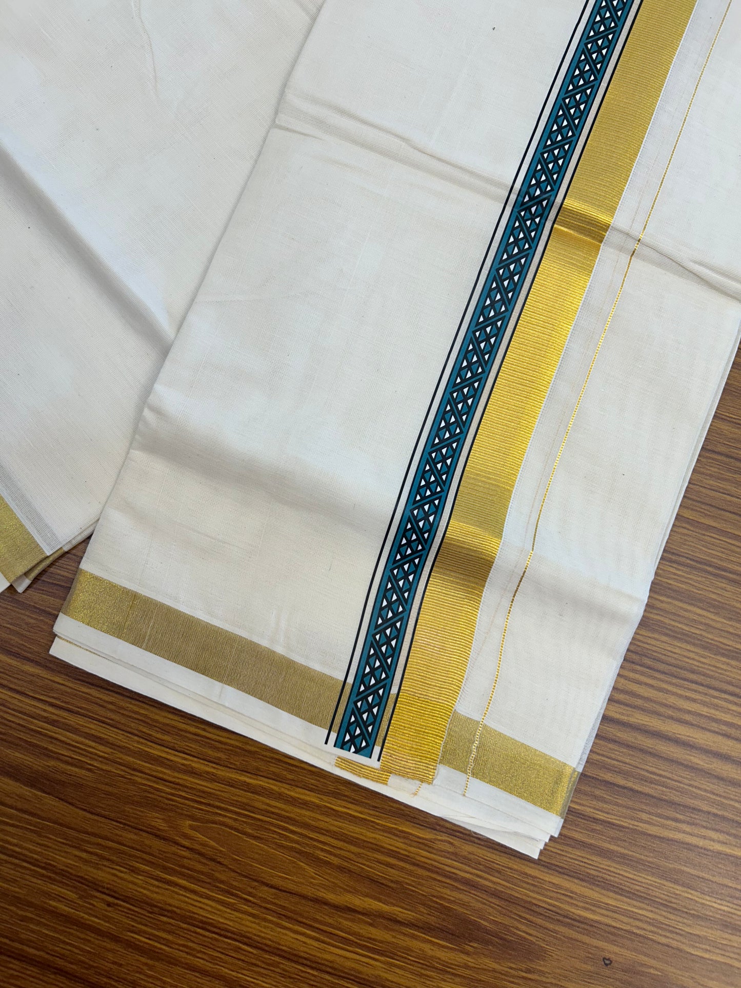 20% Discount!! KaithariKada Balaramapuram 100% Cotton Double Off White - (Unbleached) Mundu/Dhoti (60s) - 2 inch Gold Kasav Peacock Green & Black Triangle Printed Design Kara - 57 KK5362 GAN