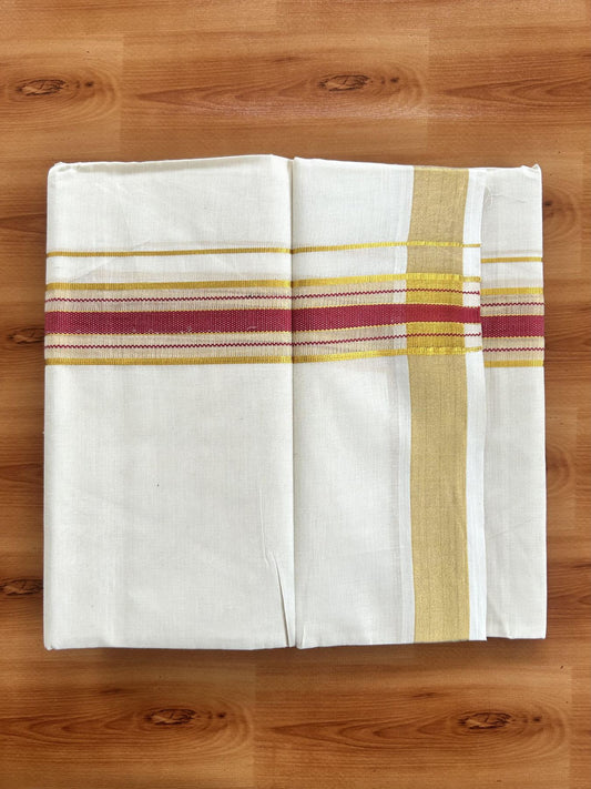Double Off White (Unbleached) Mundu/Dothi- 20% Discount! Kaitharikada Balaramapuram Pure Cotton - 100x80 - 1.5 inch Gold Kasav & Reddish Pink Center Tissue Striped Kara 4 mtr (8.5 muzham) -  38 KK5452 THI