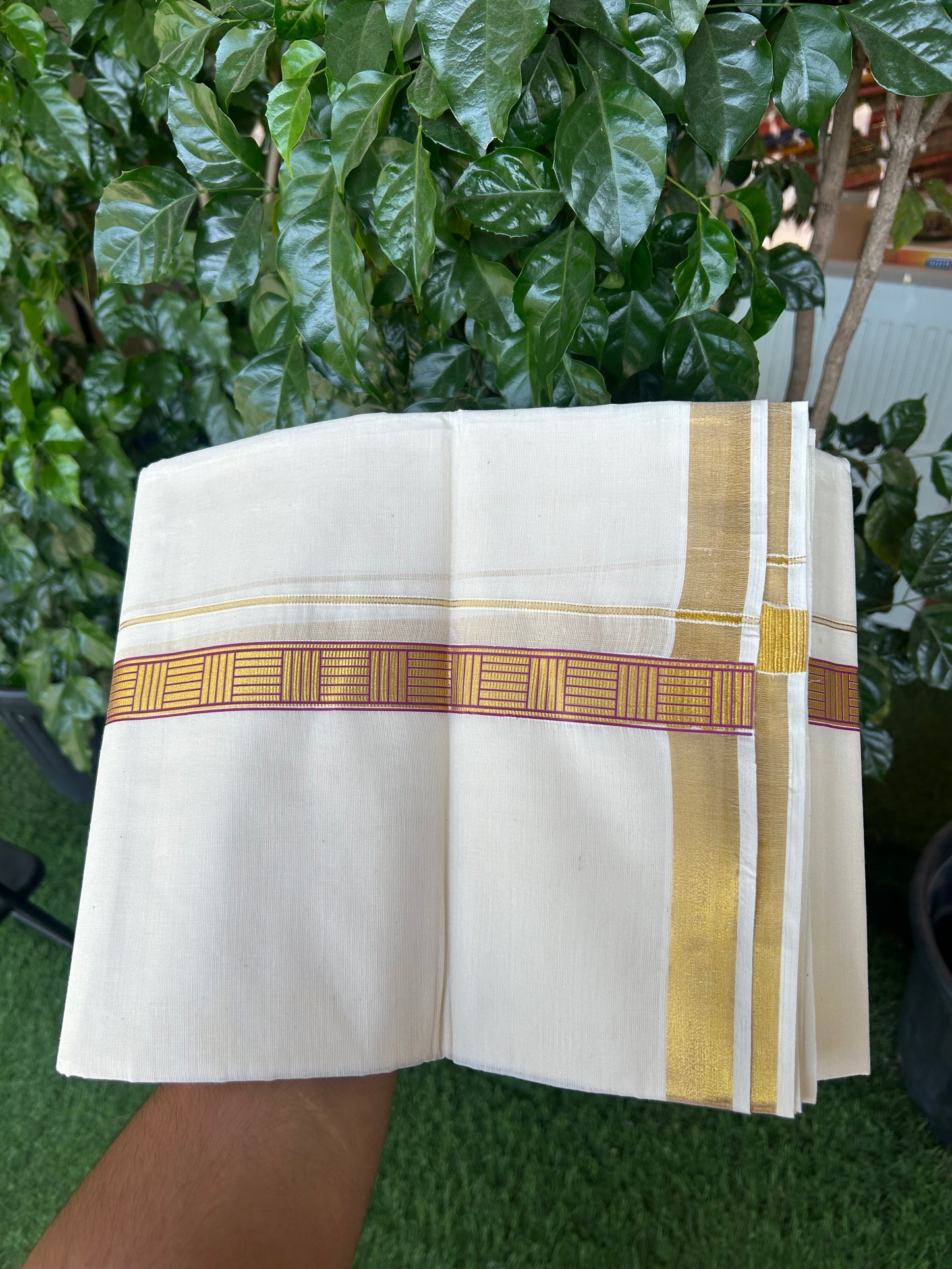 20% Discount!! KaithariKada Balaramapuram 100% Cotton Double Off White - (Unbleached) Mundu/Dhoti (60s) - 1 inch Gold Kasav Magenta Pink Pattern Printed Kara - 84 KK5362 GAN