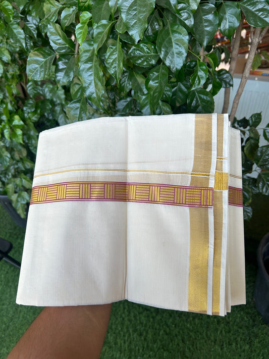 20% Discount!! KaithariKada Balaramapuram 100% Cotton Double Off White - (Unbleached) Mundu/Dhoti (60s) - 1 inch Gold Kasav Magenta Pink Pattern Printed Kara - 84 KK5362 GAN