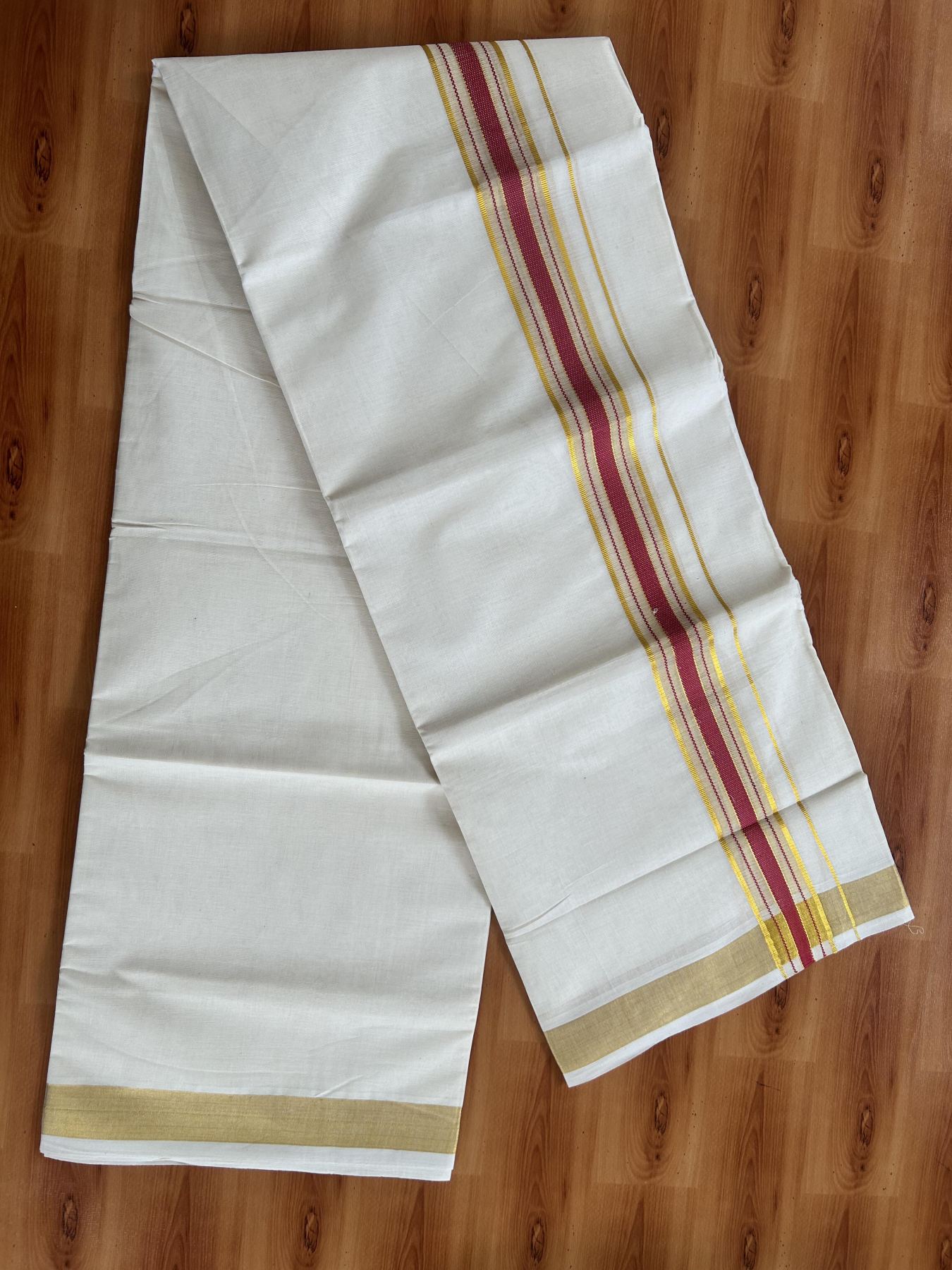 Double Off White (Unbleached) Mundu/Dothi- 20% Discount! Kaitharikada Balaramapuram Pure Cotton - 100x80 - 1.5 inch Gold Kasav & Reddish Pink Center Tissue Striped Kara 4 mtr (8.5 muzham) -  38 KK5452 THI