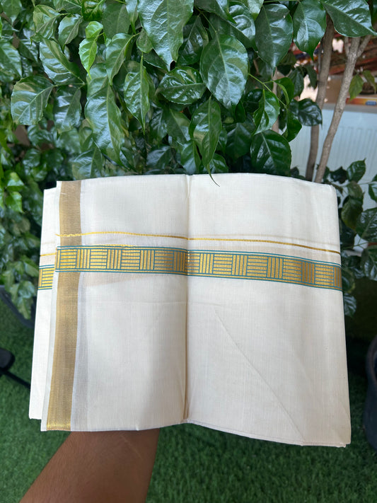 20% Discount!! KaithariKada Balaramapuram 100% Cotton Double Off White - (Unbleached) Mundu/Dhoti (60s) - 1 inch Gold Kasav Peacock Blue Pattern Printed Kara - 60 KK5362 GAN