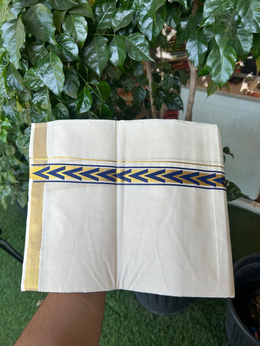 20% Discount!! KaithariKada Balaramapuram 100% Cotton Double Off White - (Unbleached) Mundu/Dhoti - 60x60 - 1 inch Gold Kasav with Dark Blue Arrow Printed Design Kara - 79 KK5362 GAN