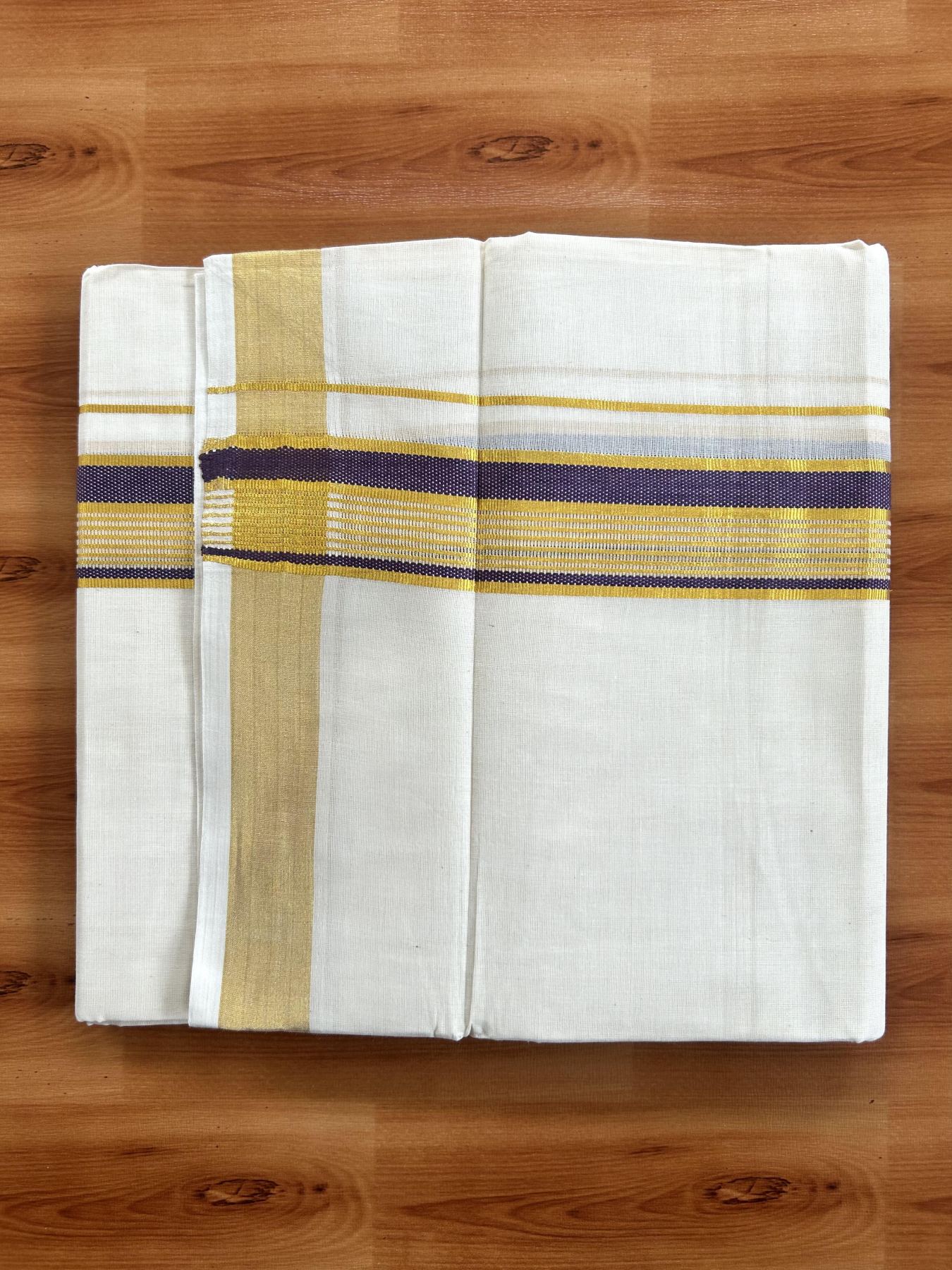 Double Off White (Unbleached) Mundu/Dothi- 20% Discount! Kaitharikada Balaramapuram Pure Cotton - 100x80 - 1.5 inch Gold Kasav & Dark Purple Striped Kara 4 mtr (8.5 muzham) - 44 KK5452 THI