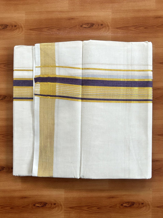 Double Off White (Unbleached) Mundu/Dothi- 20% Discount! Kaitharikada Balaramapuram Pure Cotton - 100x80 - 1.5 inch Gold Kasav & Dark Purple Striped Kara 4 mtr (8.5 muzham) - 44 KK5452 THI