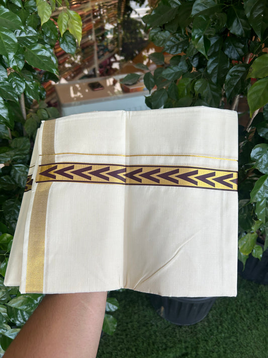 20% Discount!! KaithariKada Balaramapuram 100% Cotton Double Off White - (Unbleached) Mundu/Dhoti - 60x60 - 1 inch Gold Kasav with Chocolate Brown Arrow Printed Design Kara - 81 KK5362 GAN