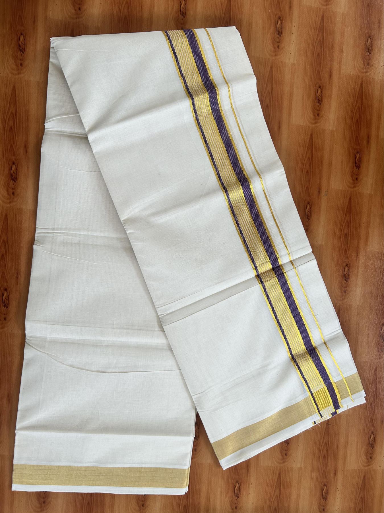 Double Off White (Unbleached) Mundu/Dothi- 20% Discount! Kaitharikada Balaramapuram Pure Cotton - 100x80 - 1.5 inch Gold Kasav & Dark Purple Striped Kara 4 mtr (8.5 muzham) - 44 KK5452 THI