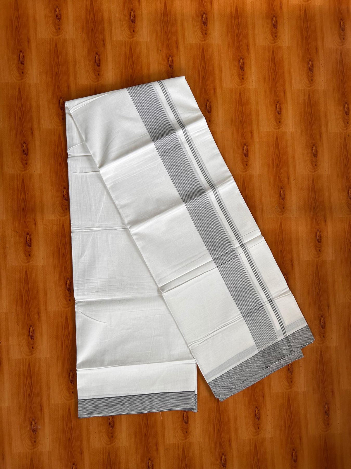 Double Pure White Mundu/Dhoti -20% Discount! KaithariKada 100% Cotton - 100x80 - 1.75 Inch Black Striped Kara - 3.80 mtr (8 muzham) - 5 KK5519 PMC