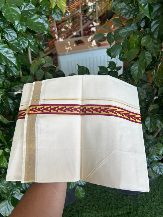 20% Discount!! KaithariKada Balaramapuram 100% Cotton Double Off White - (Unbleached) Mundu/Dhoti - 60x60 - 1 inch Gold Kasav with Dark Red & Blue Arrow Printed Design Kara - 78 KK5362 GAN