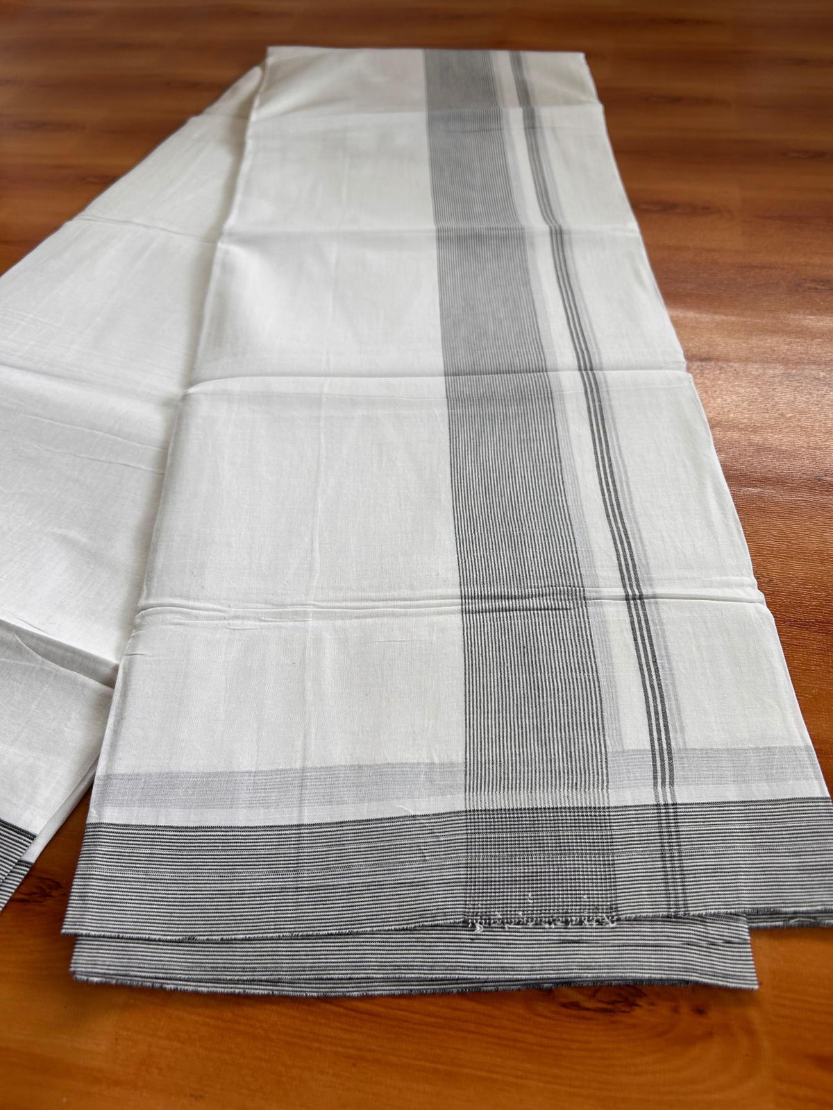 Double Pure White Mundu/Dhoti -20% Discount! KaithariKada 100% Cotton - 100x80 - 1.75 Inch Black Striped Kara - 3.80 mtr (8 muzham) - 5 KK5519 PMC