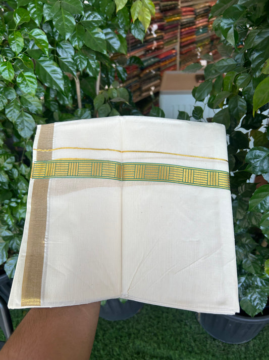 20% Discount!! KaithariKada Balaramapuram 100% Cotton Double Off White - (Unbleached) Mundu/Dhoti (60s) - 1 inch Gold Kasav Parrot Green Pattern Printed Kara - 83 KK5362 GAN