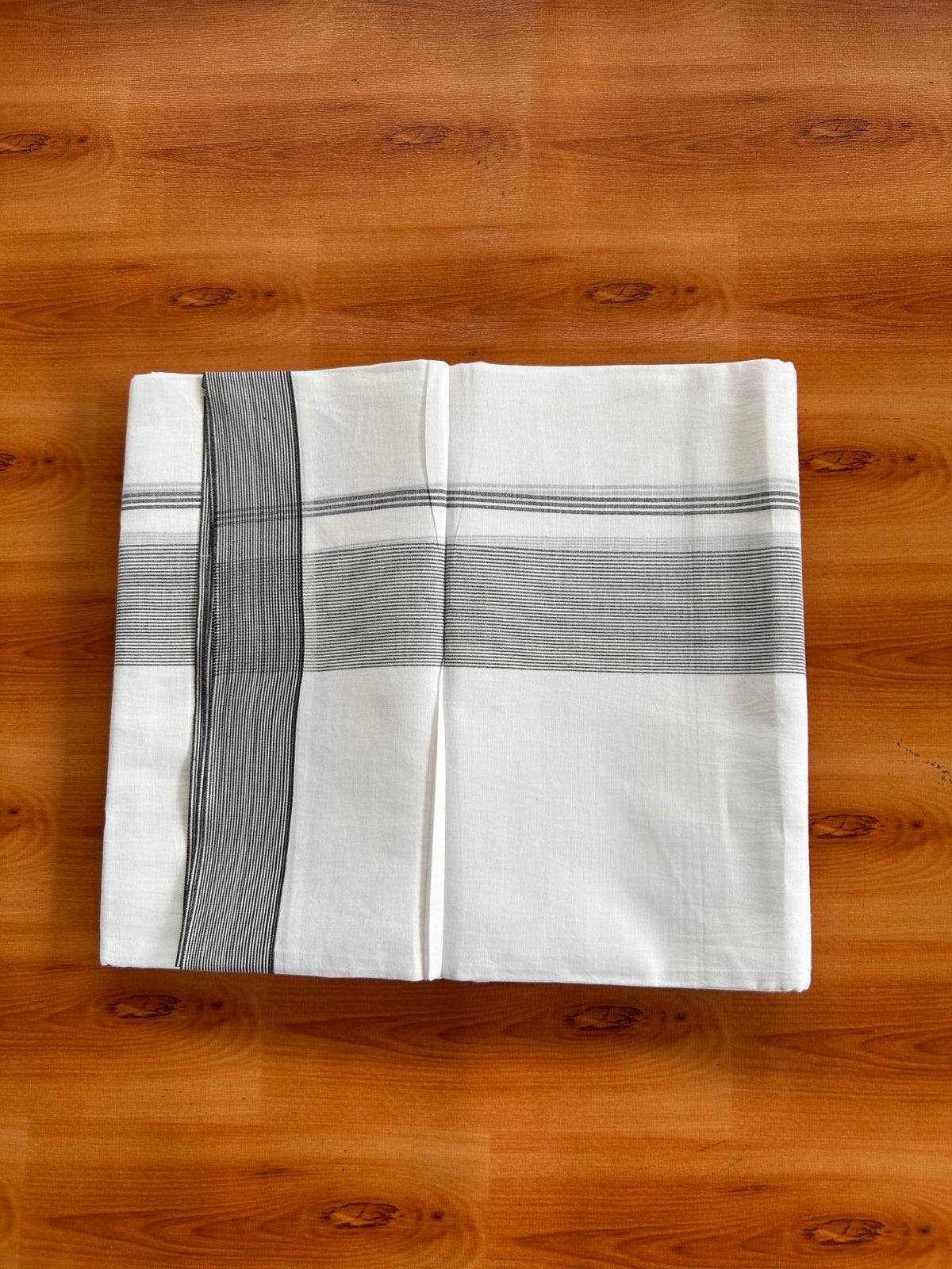 Double Pure White Mundu/Dhoti -20% Discount! KaithariKada 100% Cotton - 100x80 - 1.75 Inch Black Striped Kara - 3.80 mtr (8 muzham) - 5 KK5519 PMC