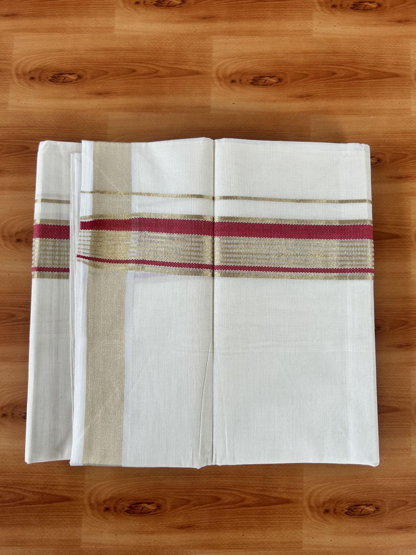 Double Off White (Unbleached) Mundu/Dothi- 20% Discount! Kaitharikada Balaramapuram Pure Cotton - 100x80 - 1.5 inch Light Gold Kasav & Reddish Pink Center Tissue Striped Kara 4 mtr (8.5 muzham) -  40 KK5452 THI